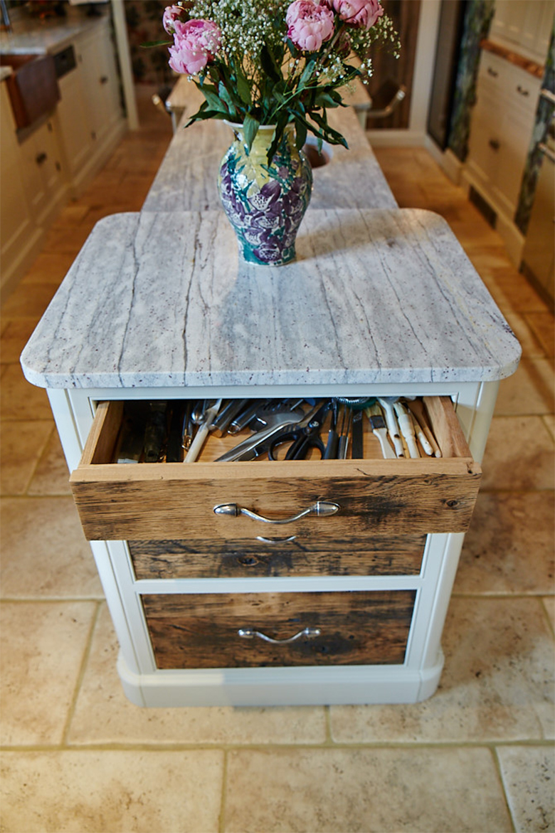 Bespoke kitchen island reclaimed oak drawer open with utensils inside