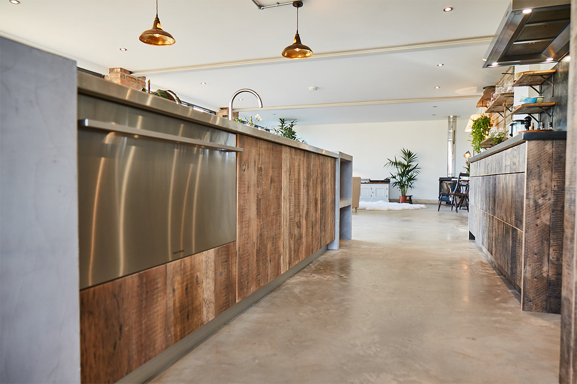 Fisher Paykel stainless steel cool drawer integrated in to bespoke kitchen island made from reclaimed wood