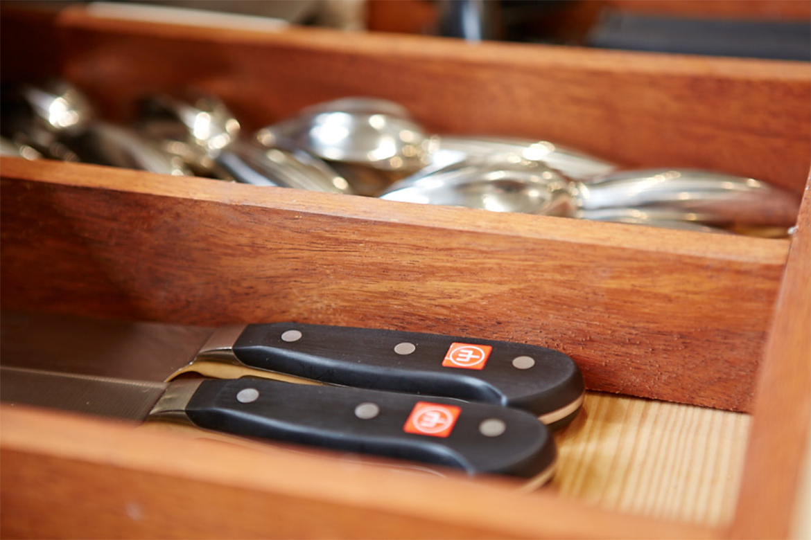 Reclaimed teak drawer insert divides knives