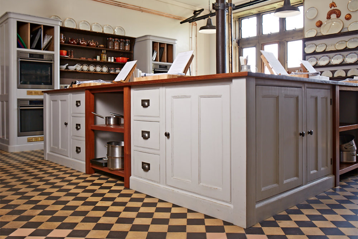 Bespoke kitchen island with reclaimed teak pot boards