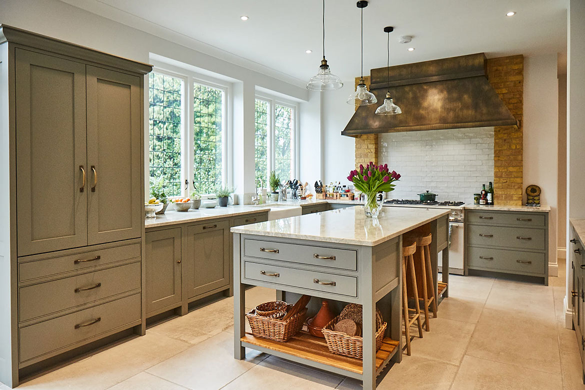 Little Greene grey moss kitchen island with solid oak pot board end and granite worktops