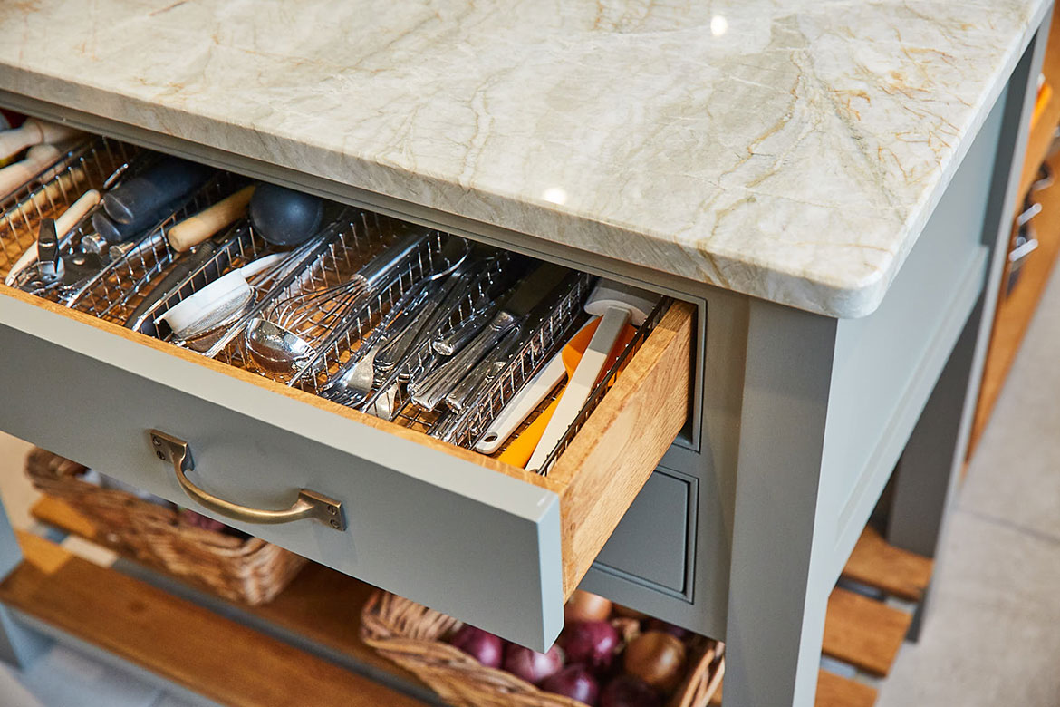 Kitchen drawer with solid oak insert and Centaurus grey granite worktop