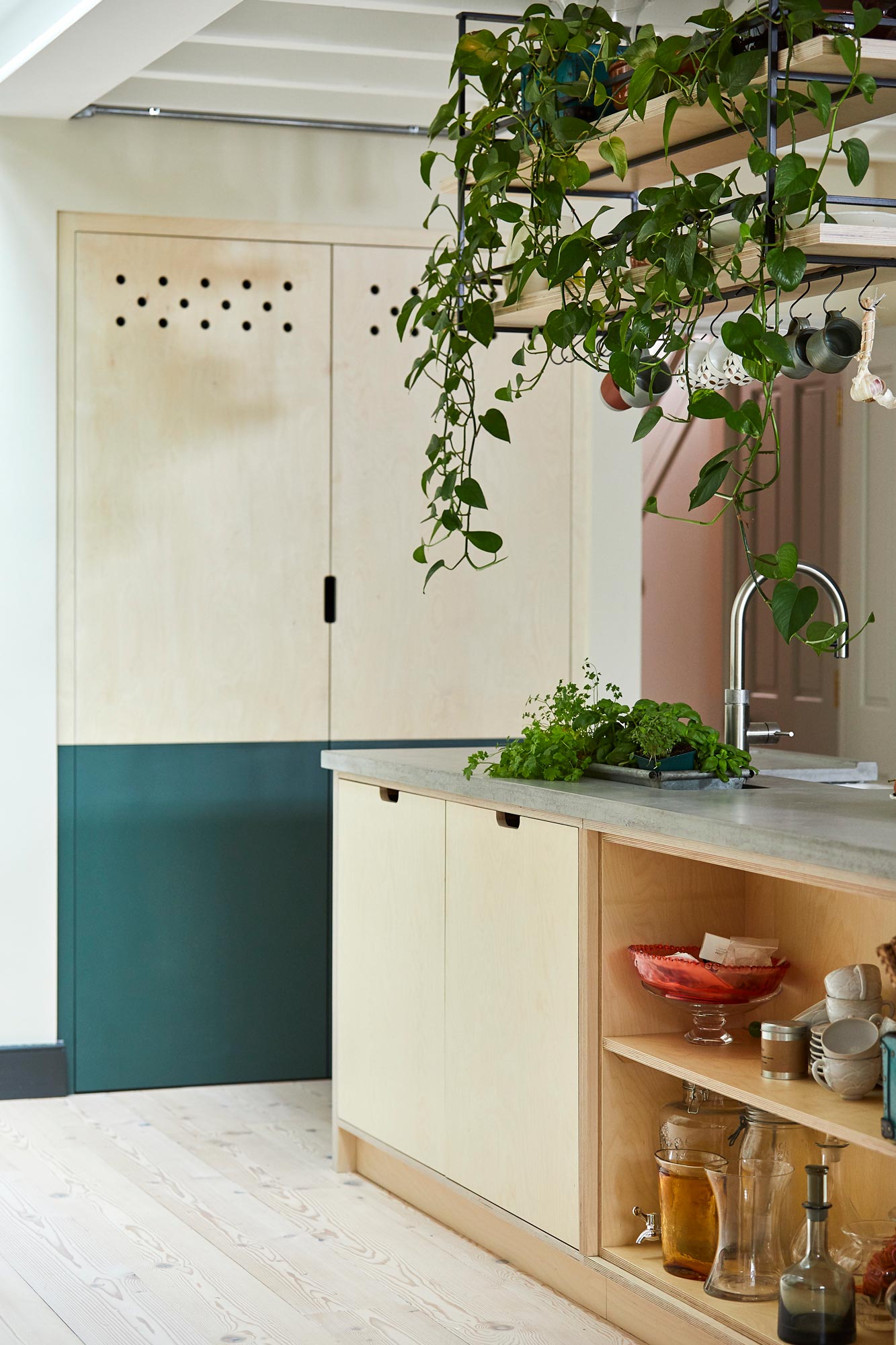 Birch plywood pantry unit with half the door painted green