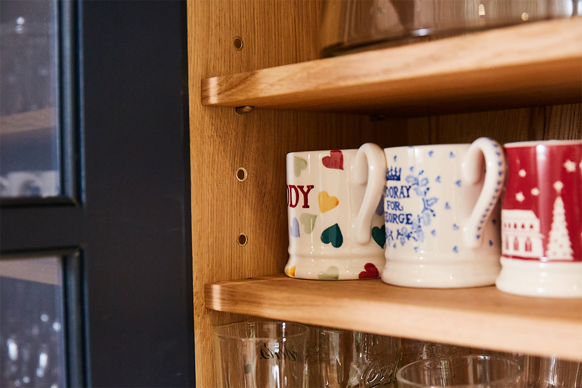 Solid oak wall unit with Emma Bridgewater mugs