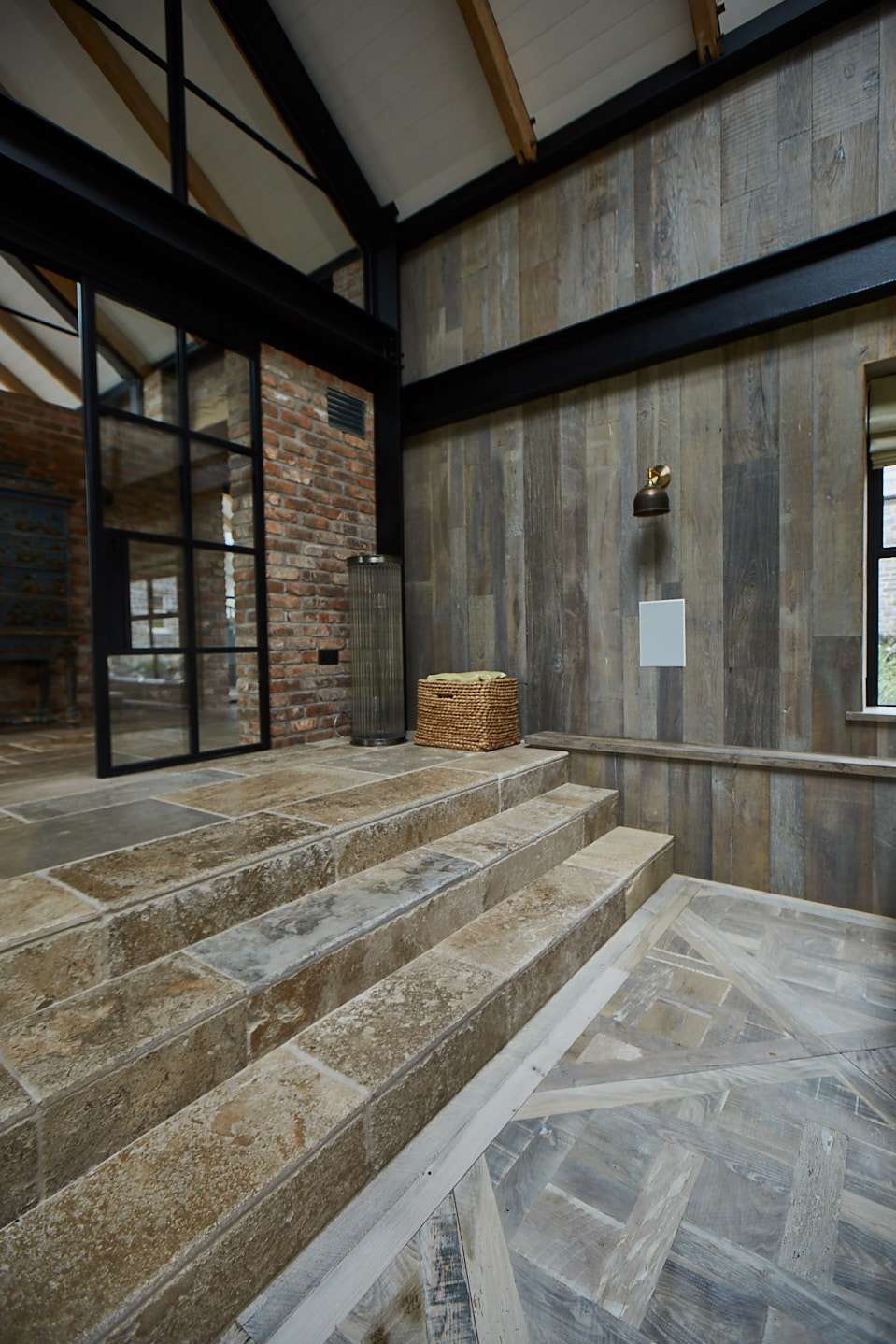 versailles oak panels mix with pine cladded wall and tiled steps