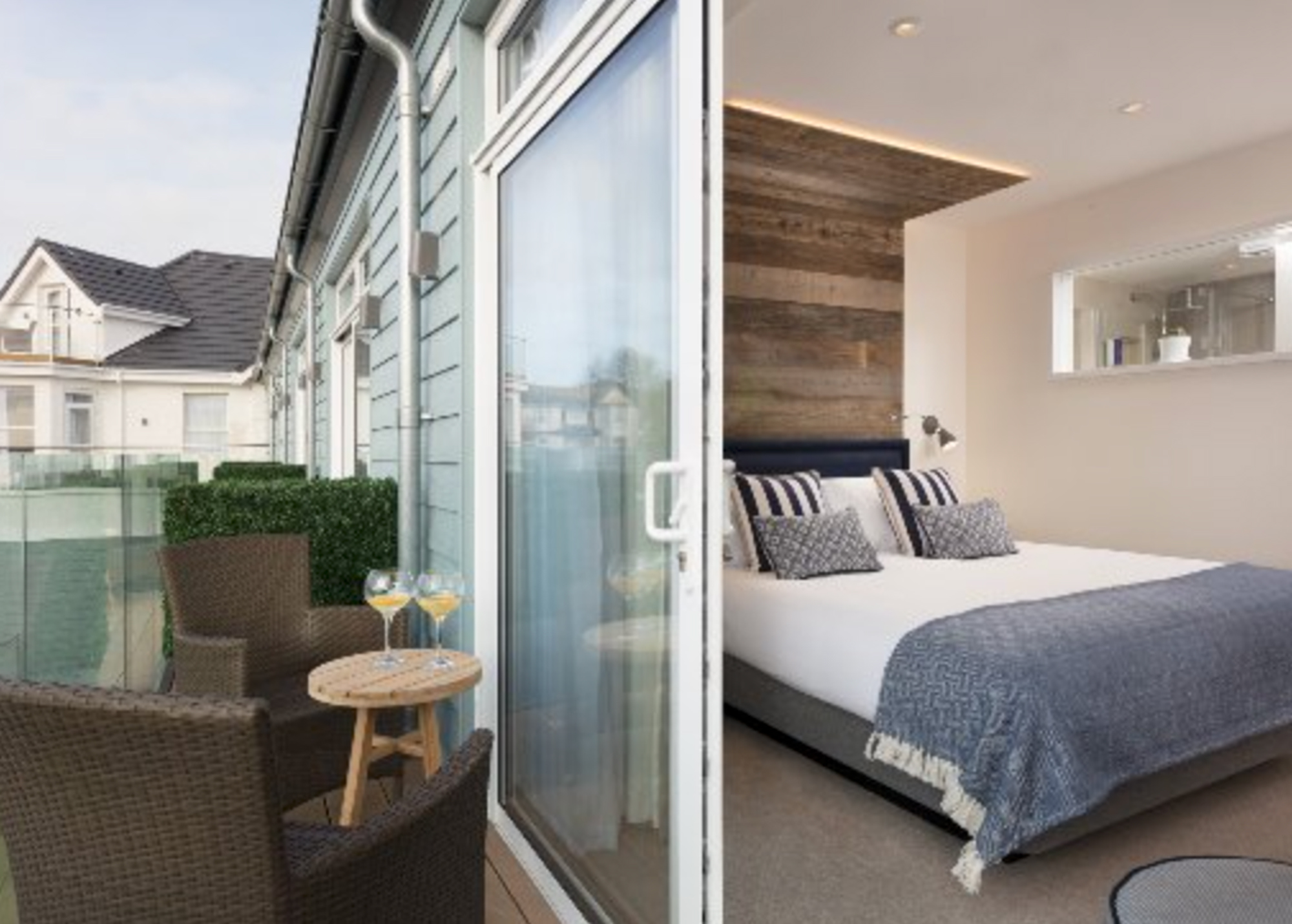 Balcony view in hotel room of double bed with reclaimed wood head board