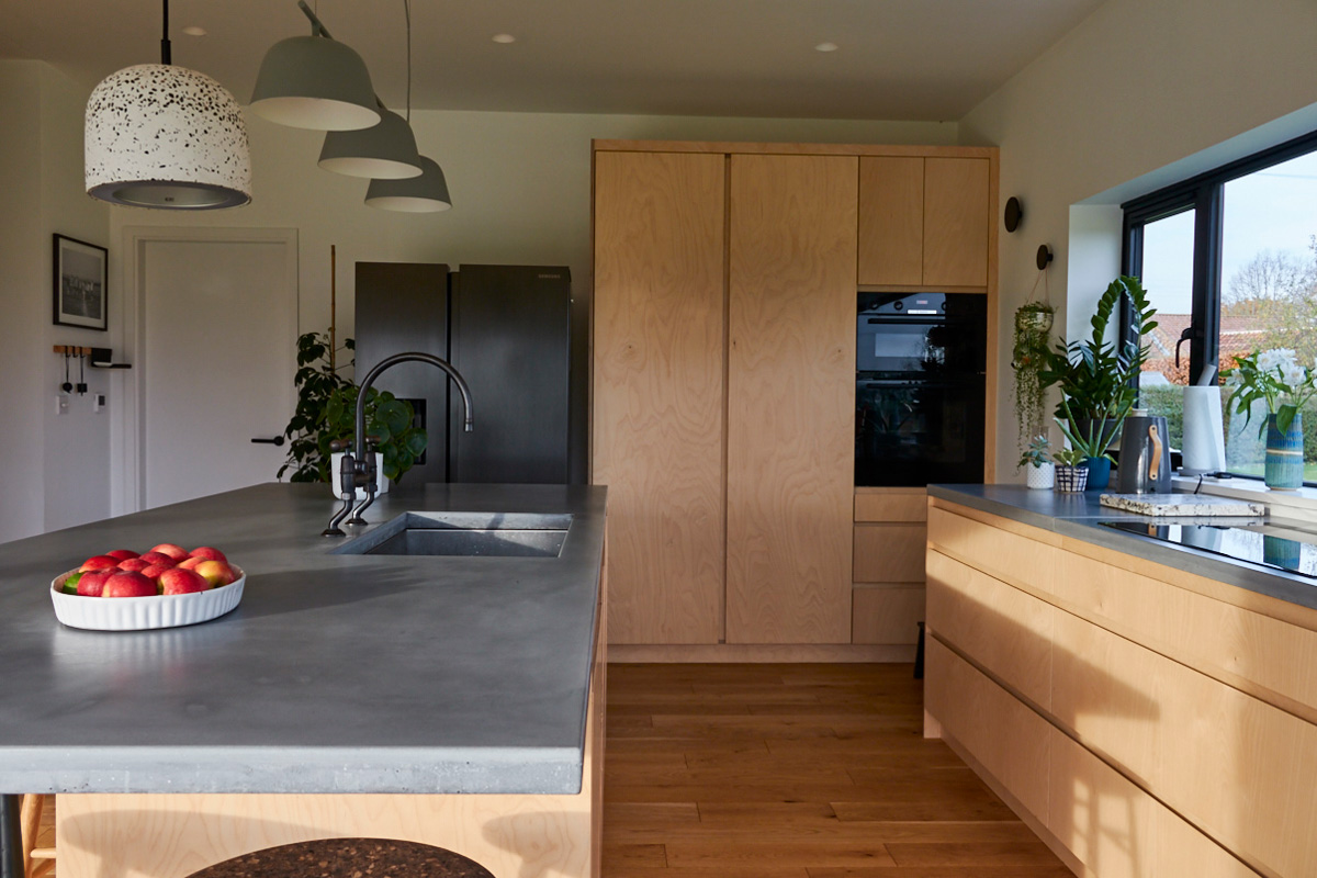 Tall bespoke kitchen units made from birch plywood