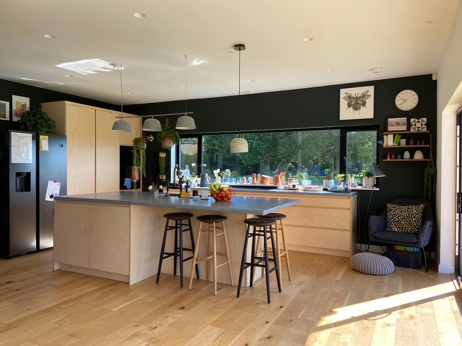 Birch plywood kitchen with solid concrete worktops and green walls