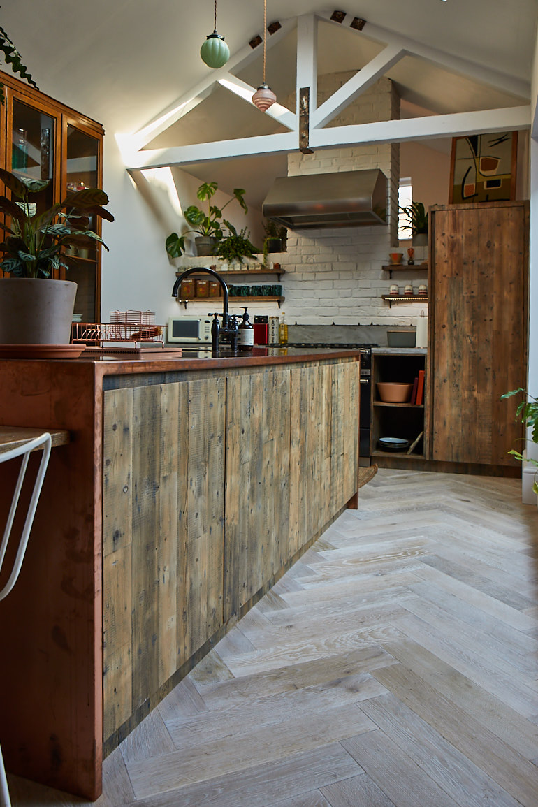 Bespoke kitchen island with copper worktop