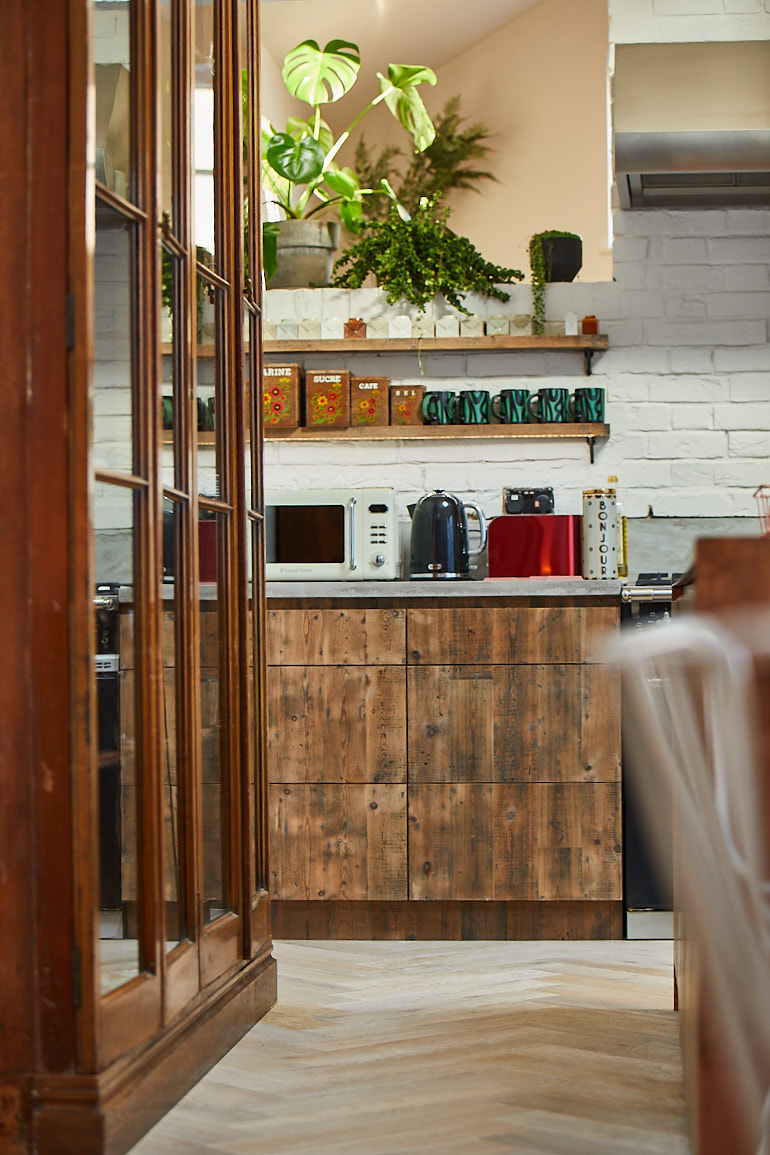 Kitchen pan drawers made from reclaimed pine