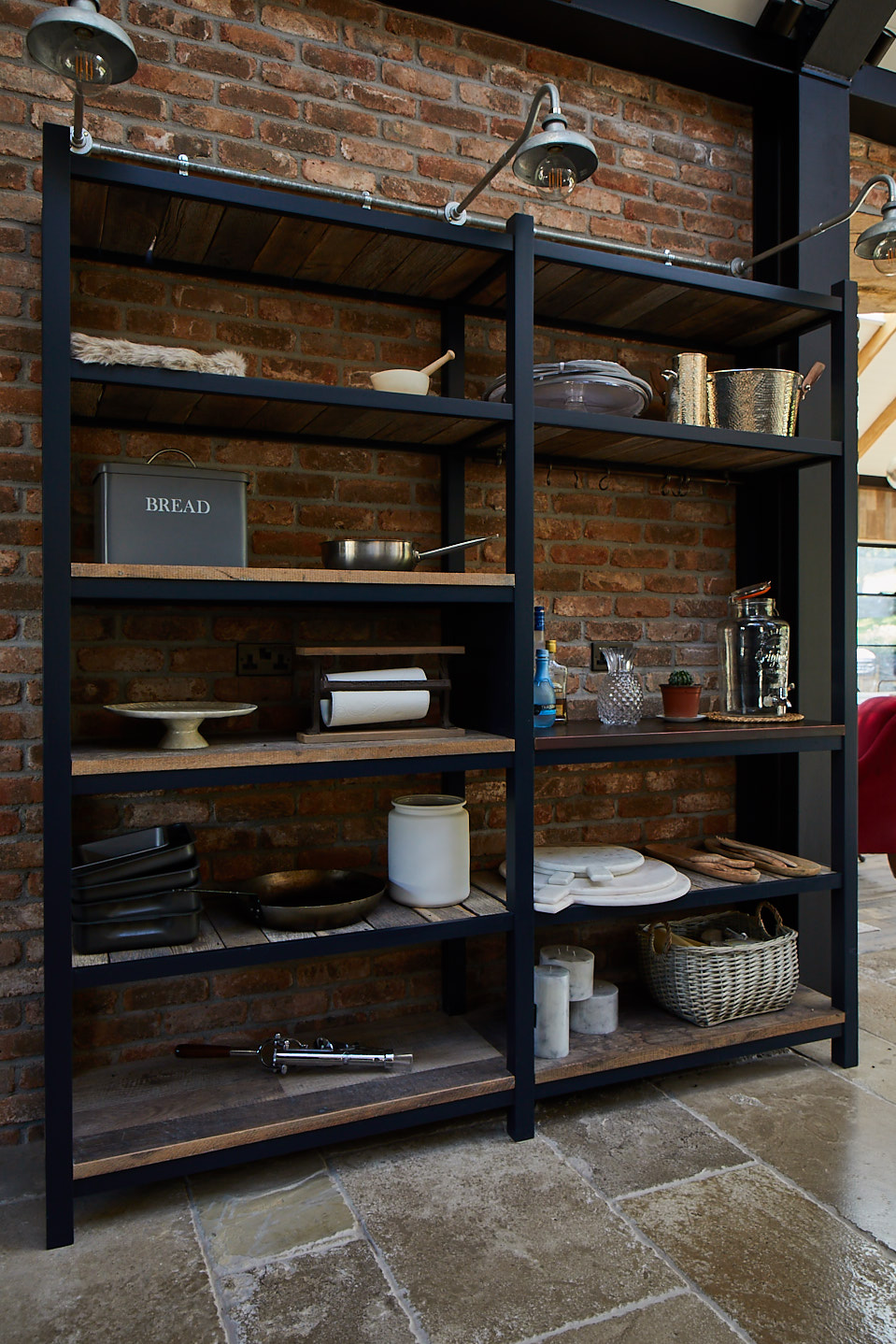 Basalt painted open unit with rustic shelves