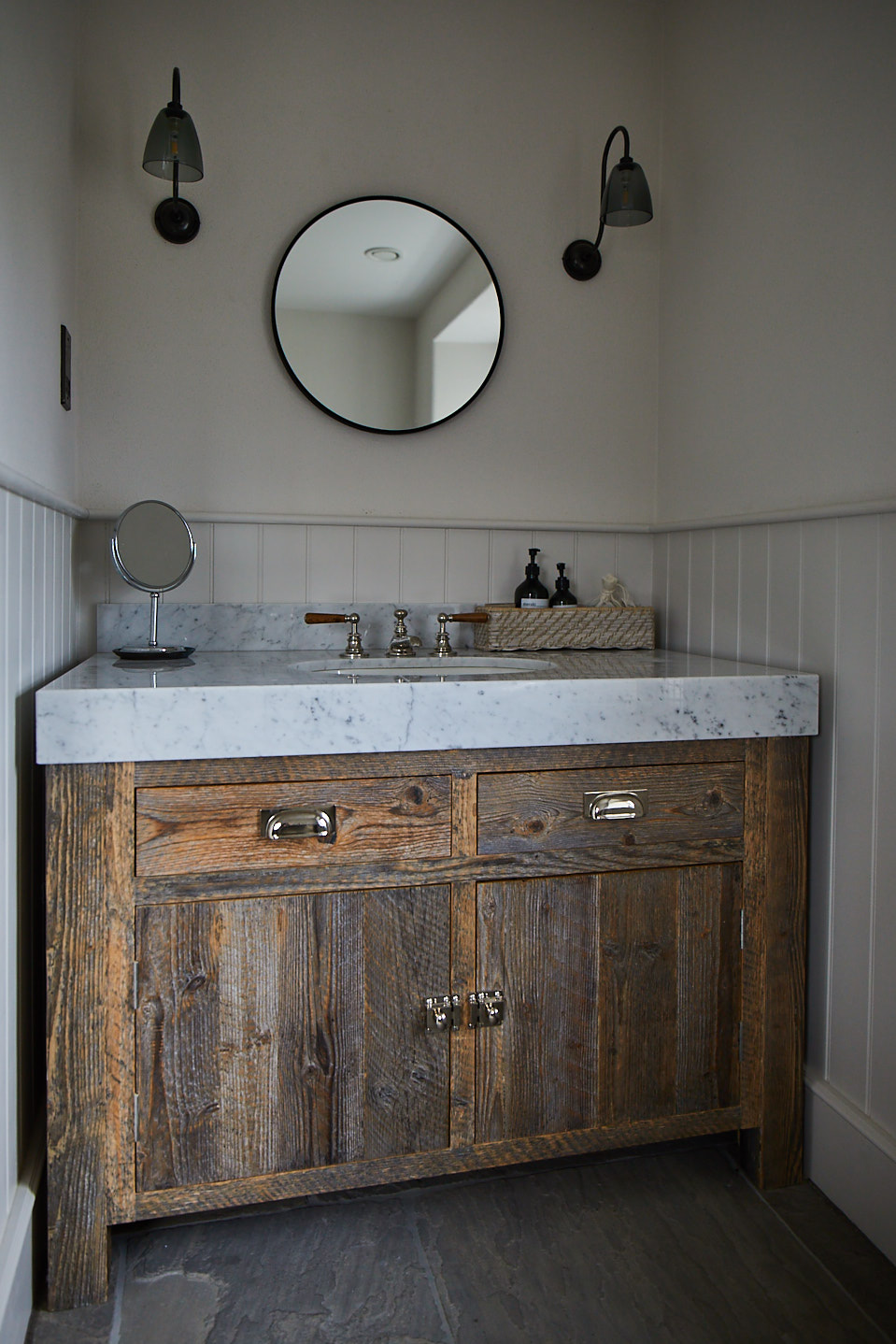 Reclaimed vanity unit with granite worktop