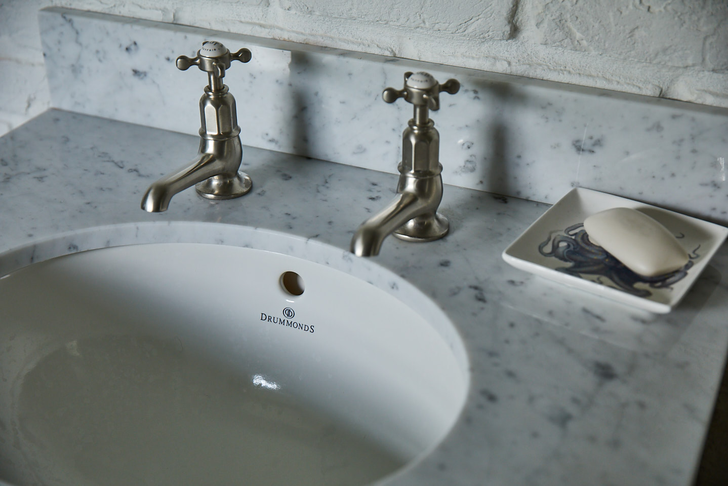 Close up of freestanding vanity unit worktop with ceramic sink