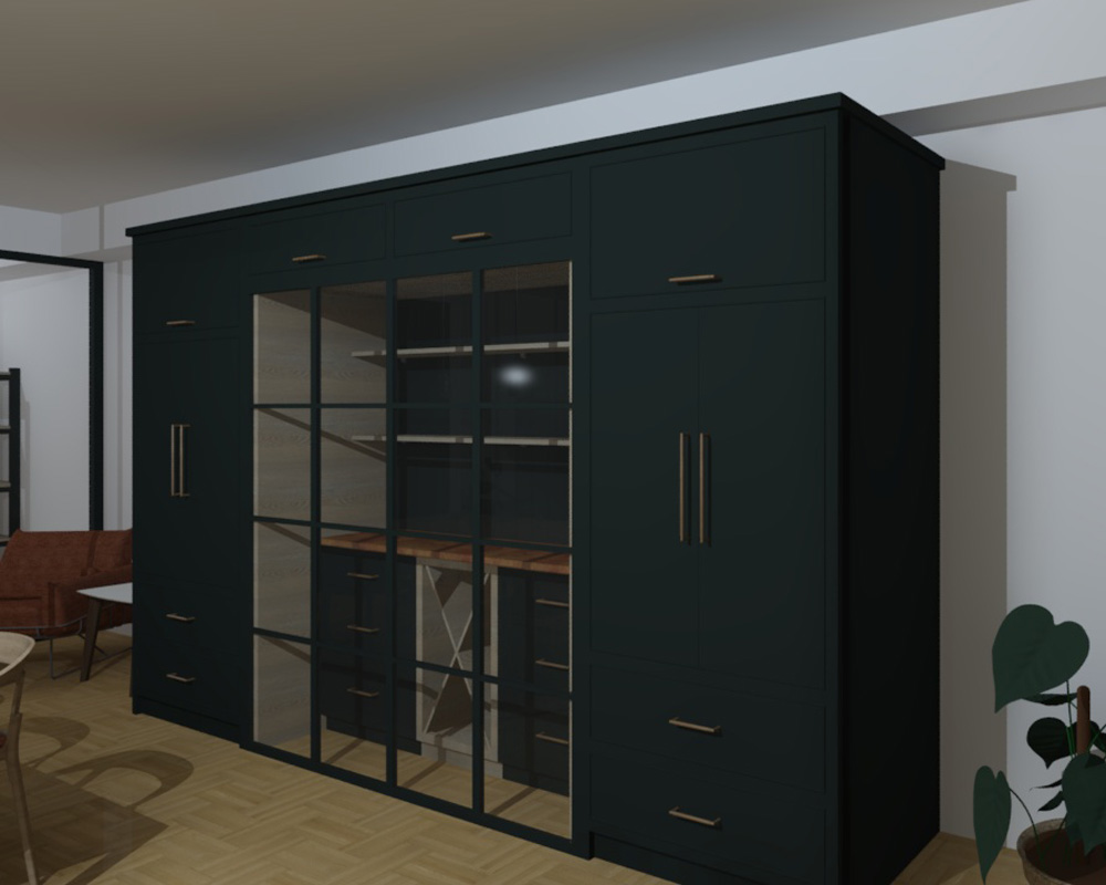 CAD design of bespoke metal doors in painted cabinetry