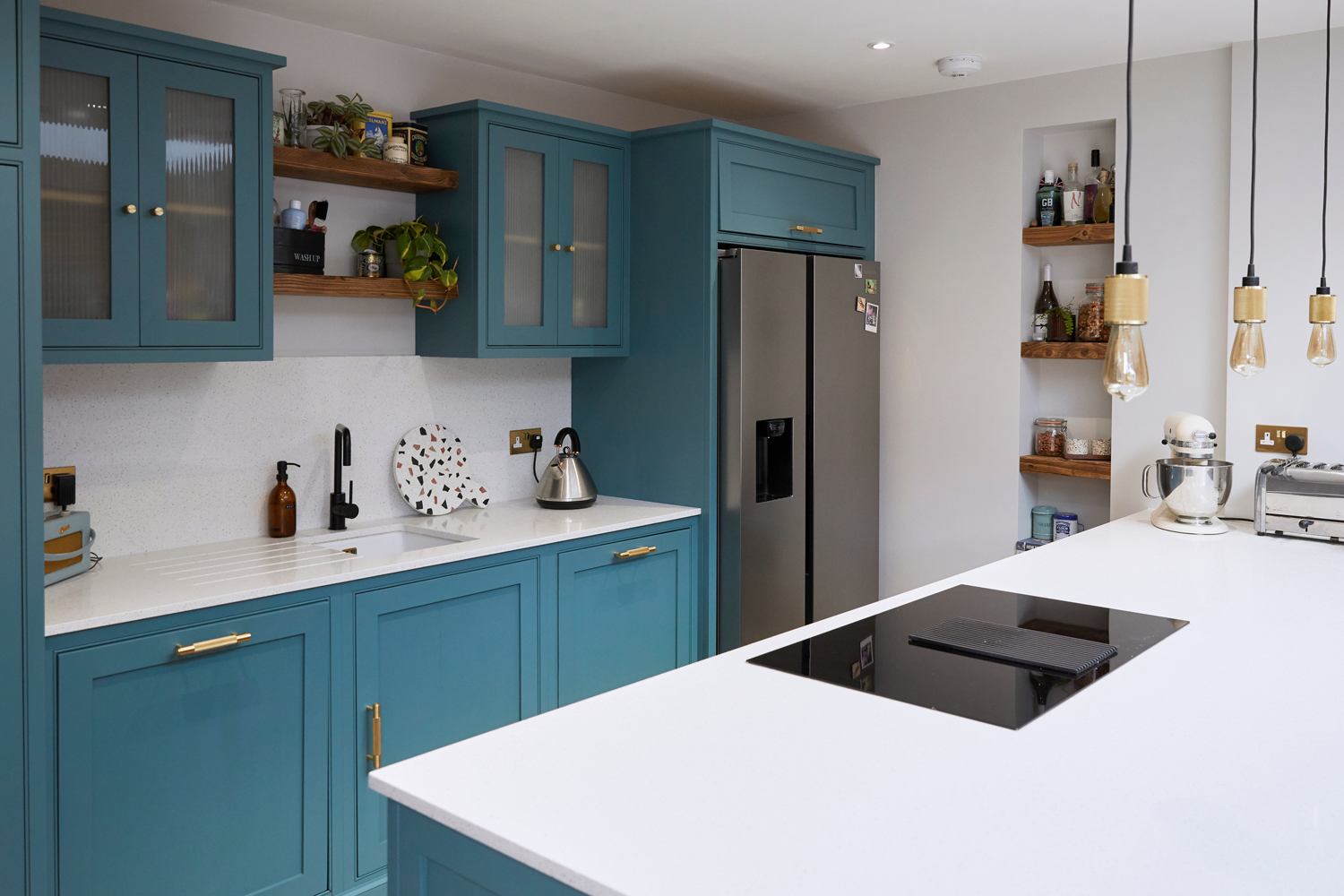Tea With Florence bespoke kitchen with with quartz worktops and rustic open shelves