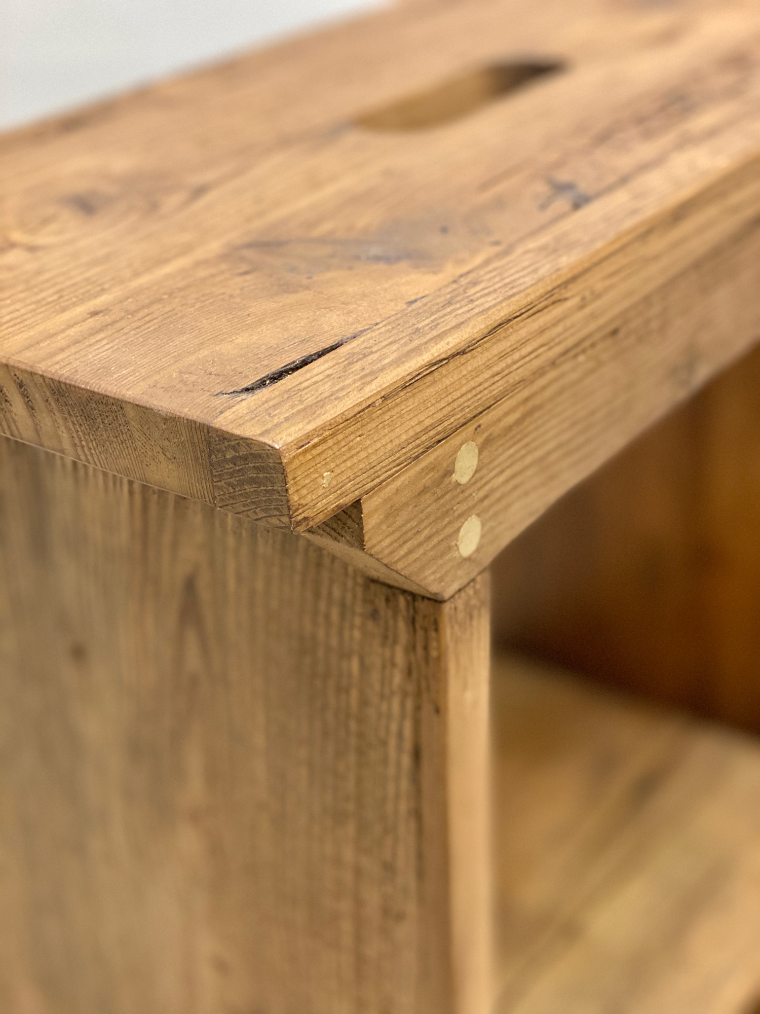 Edge detail of reclaimed pine stool