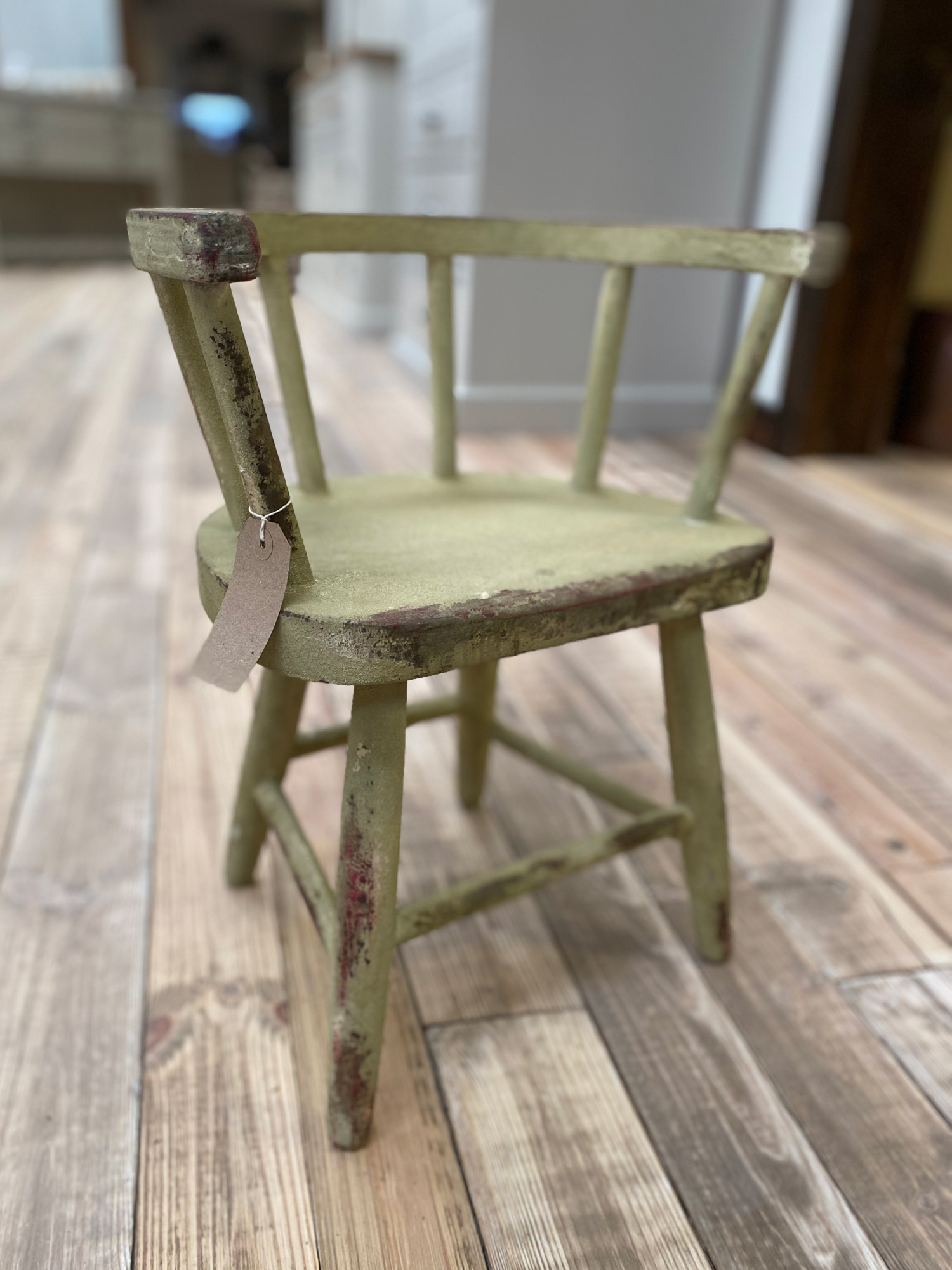 Rustic green crackled toddlers chair with curved back