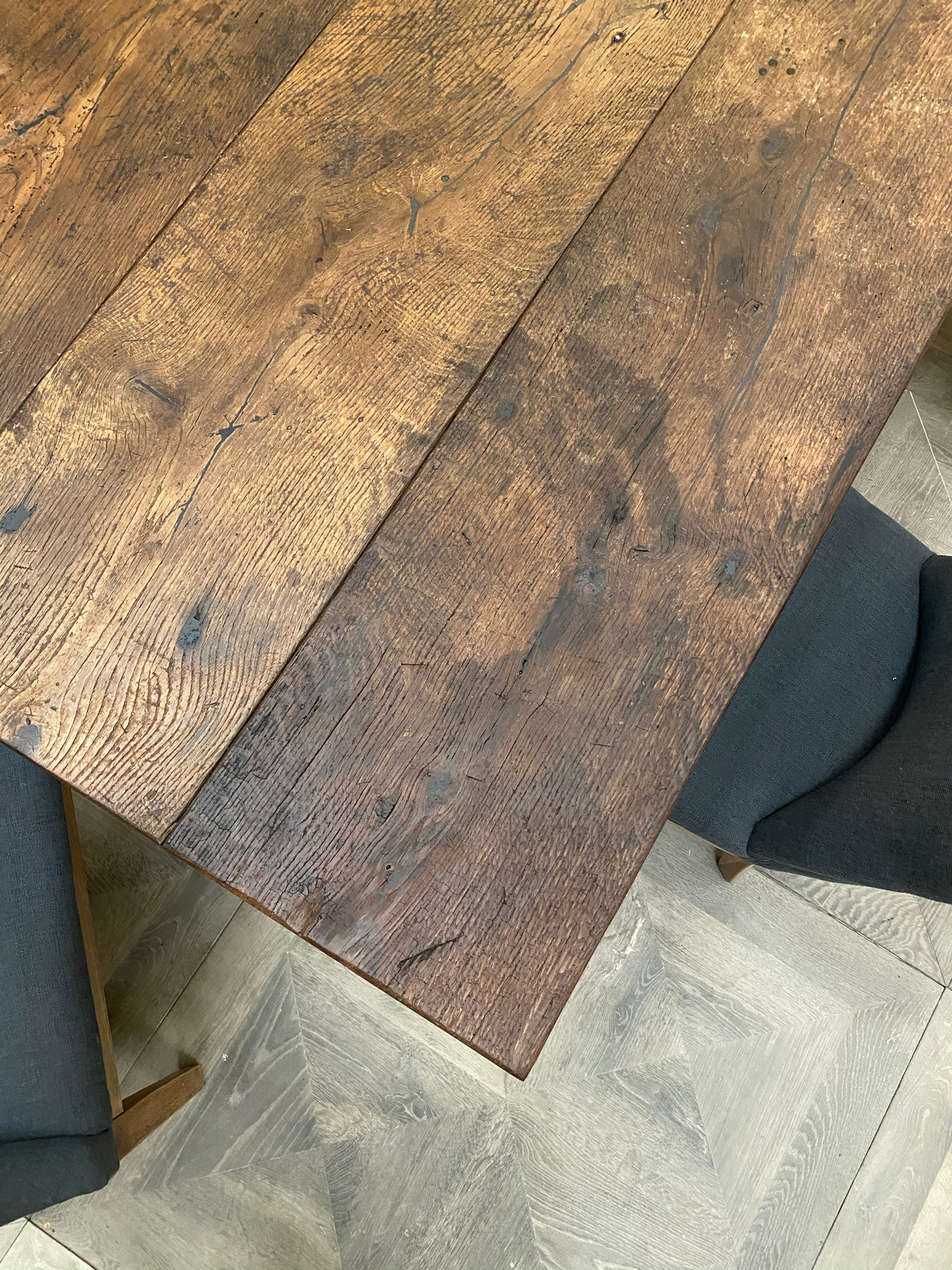 Reclaimed oak dining table timber shot from above