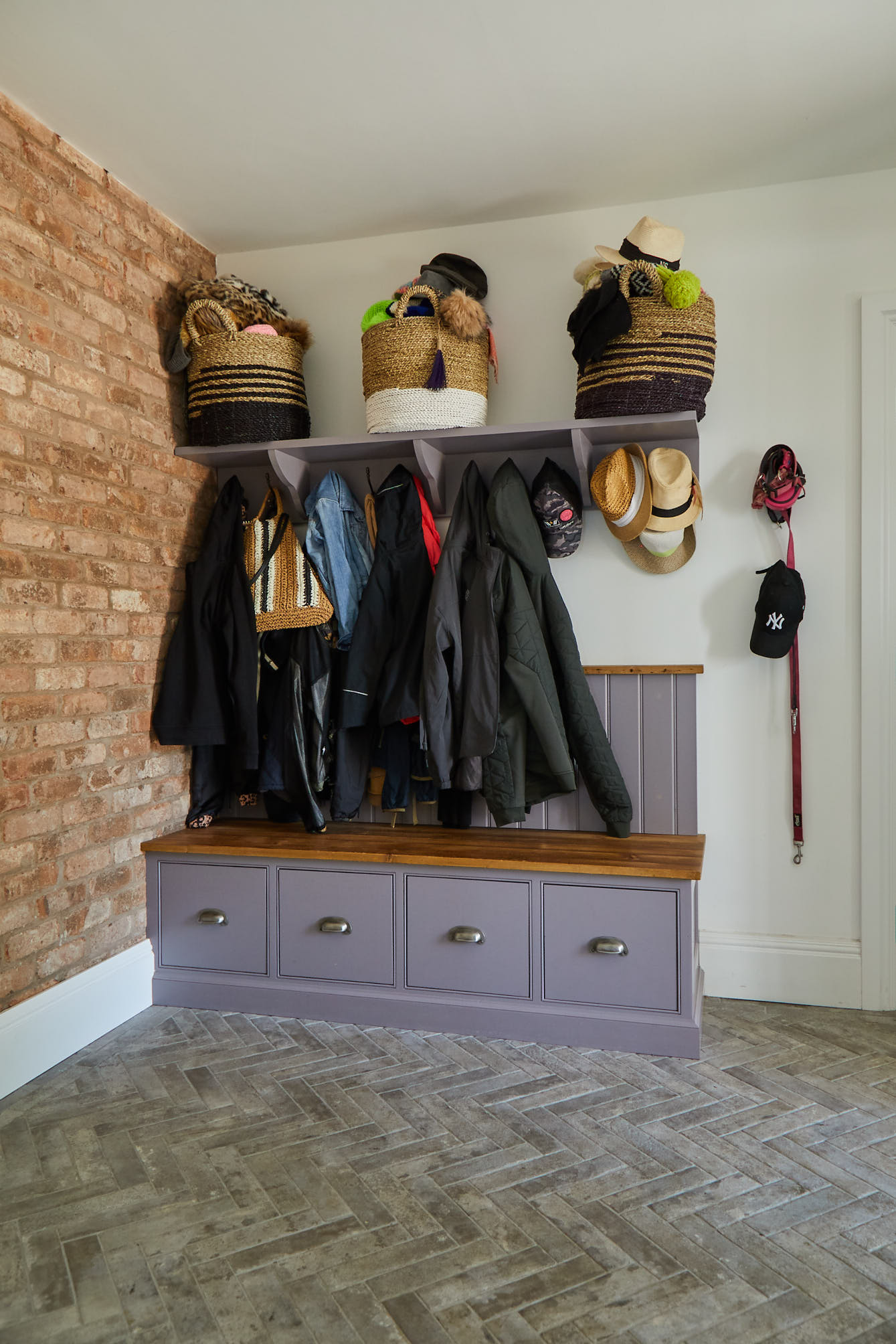 Purple boot room unit with rustic coat hanger