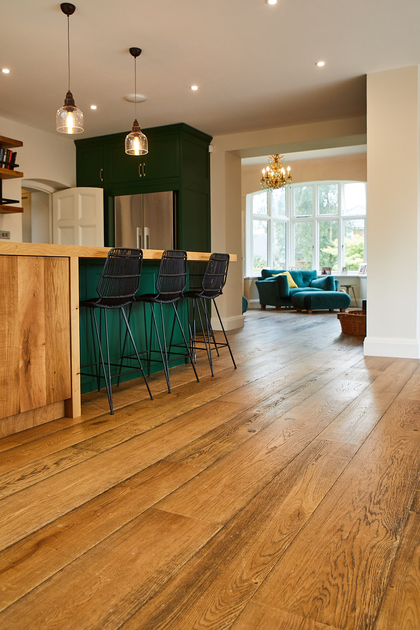 Warm oak flooring in kitchen