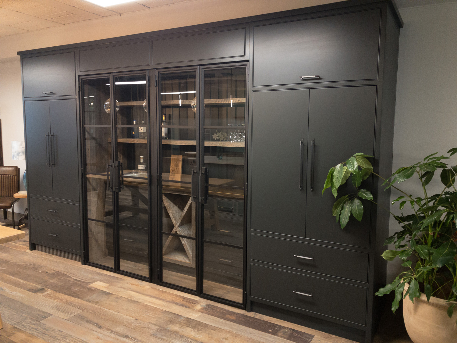 Bespoke black pantry with crittall style steel doors