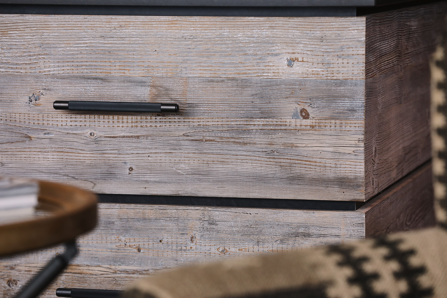 Reclaimed drawer front with Buster and Punch brass pull handle