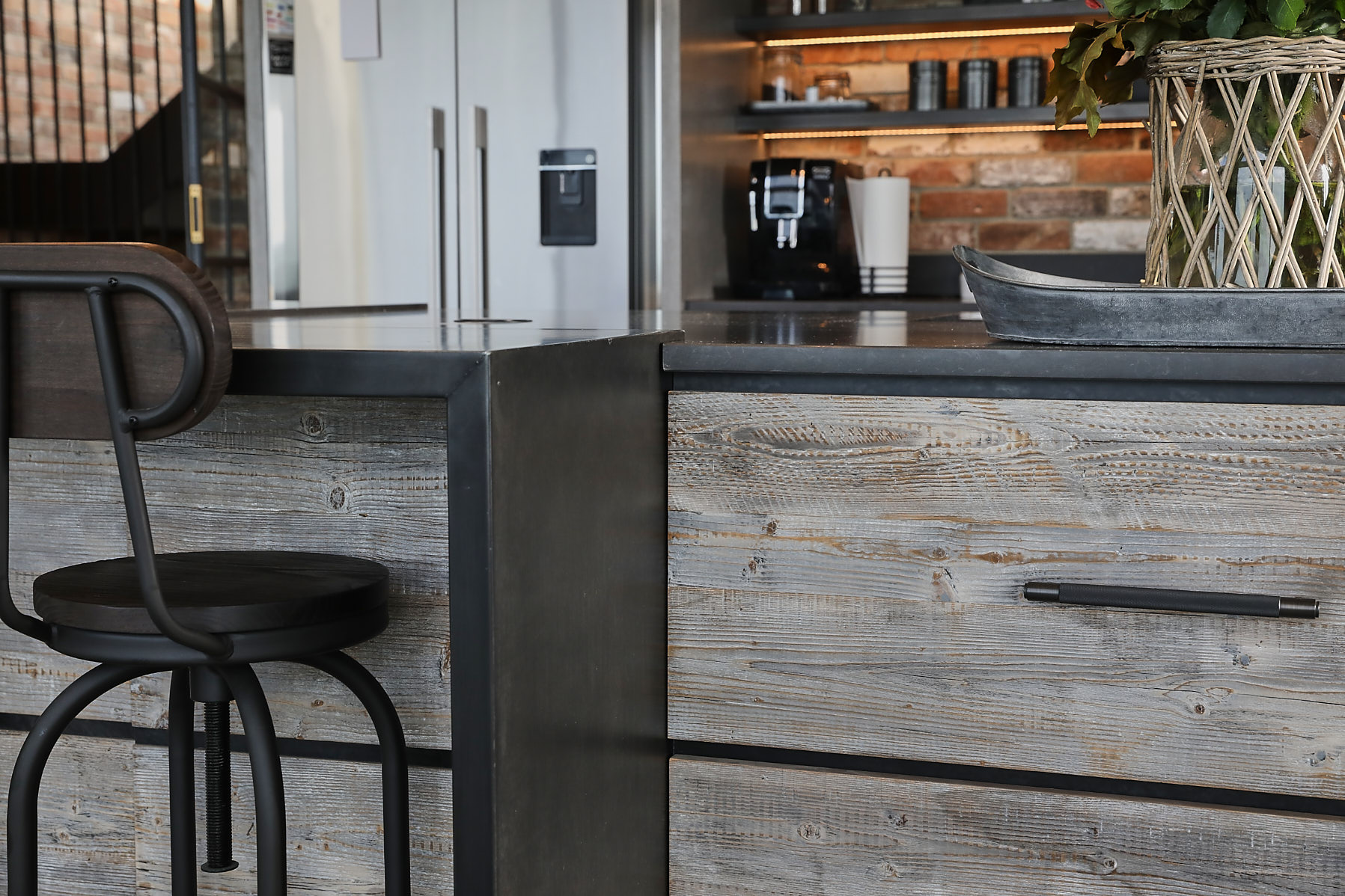 Zinc breakfast bar with reclaimed pine drawer fronts