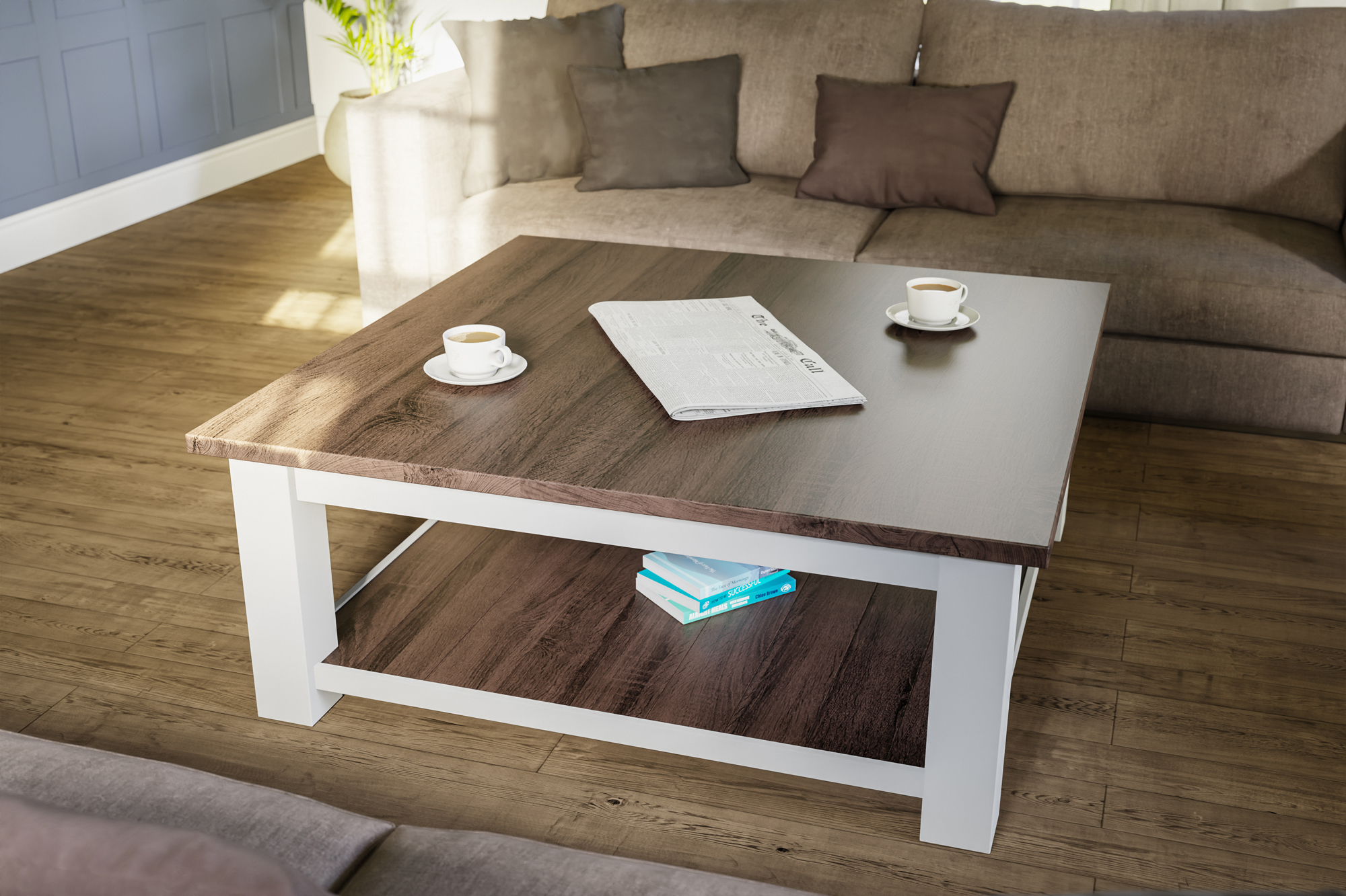 Coffee table with newspaper