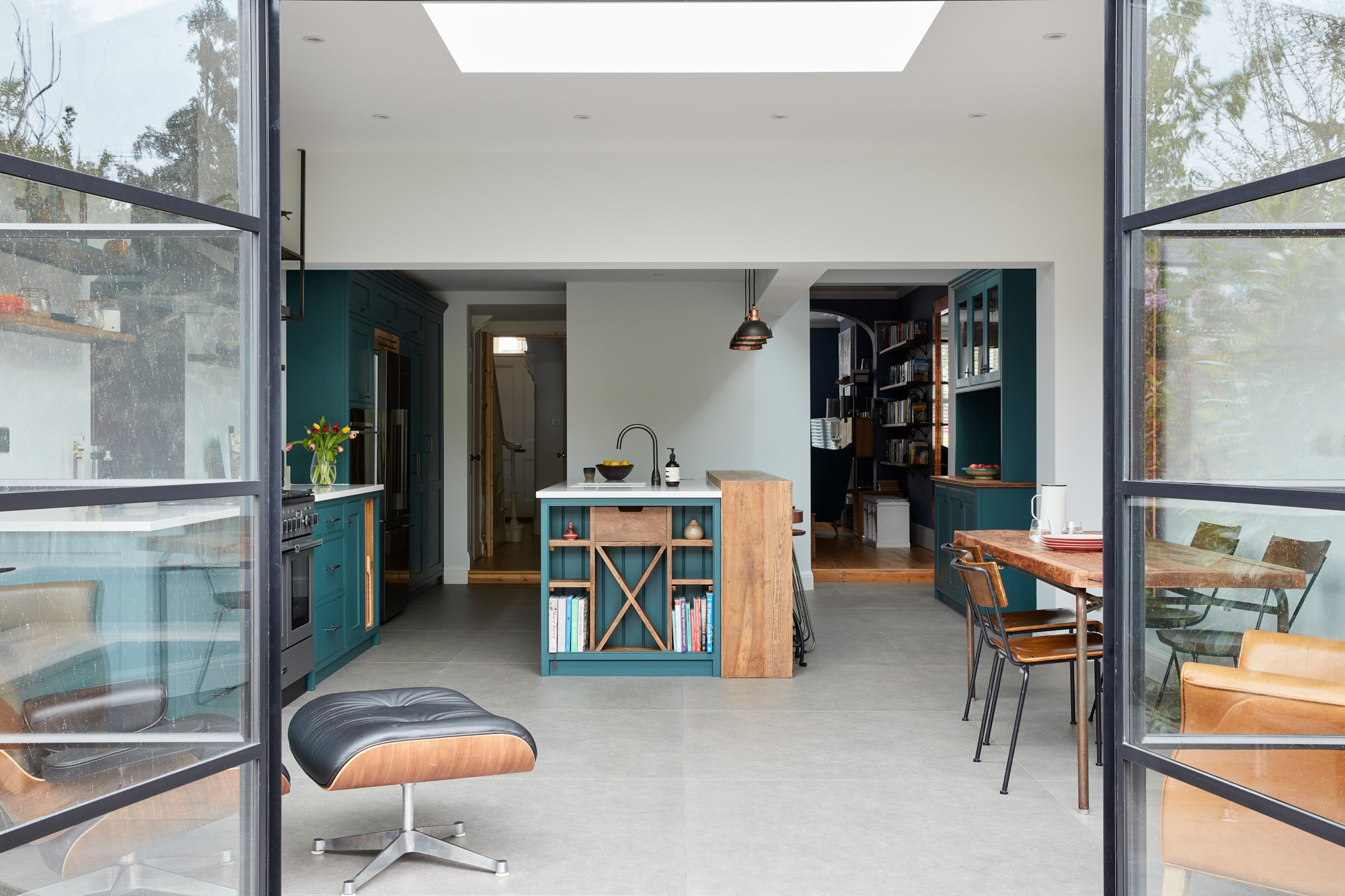 Crittall style doors with bespoke open plan industrial kitchen