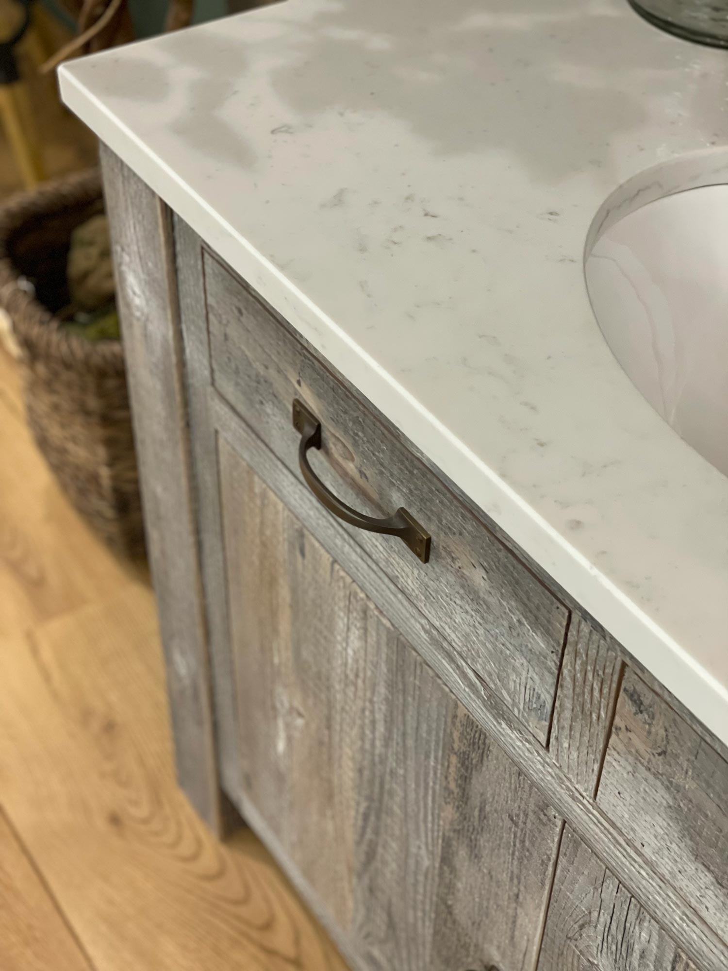 Pull handles on rustic vanity unit