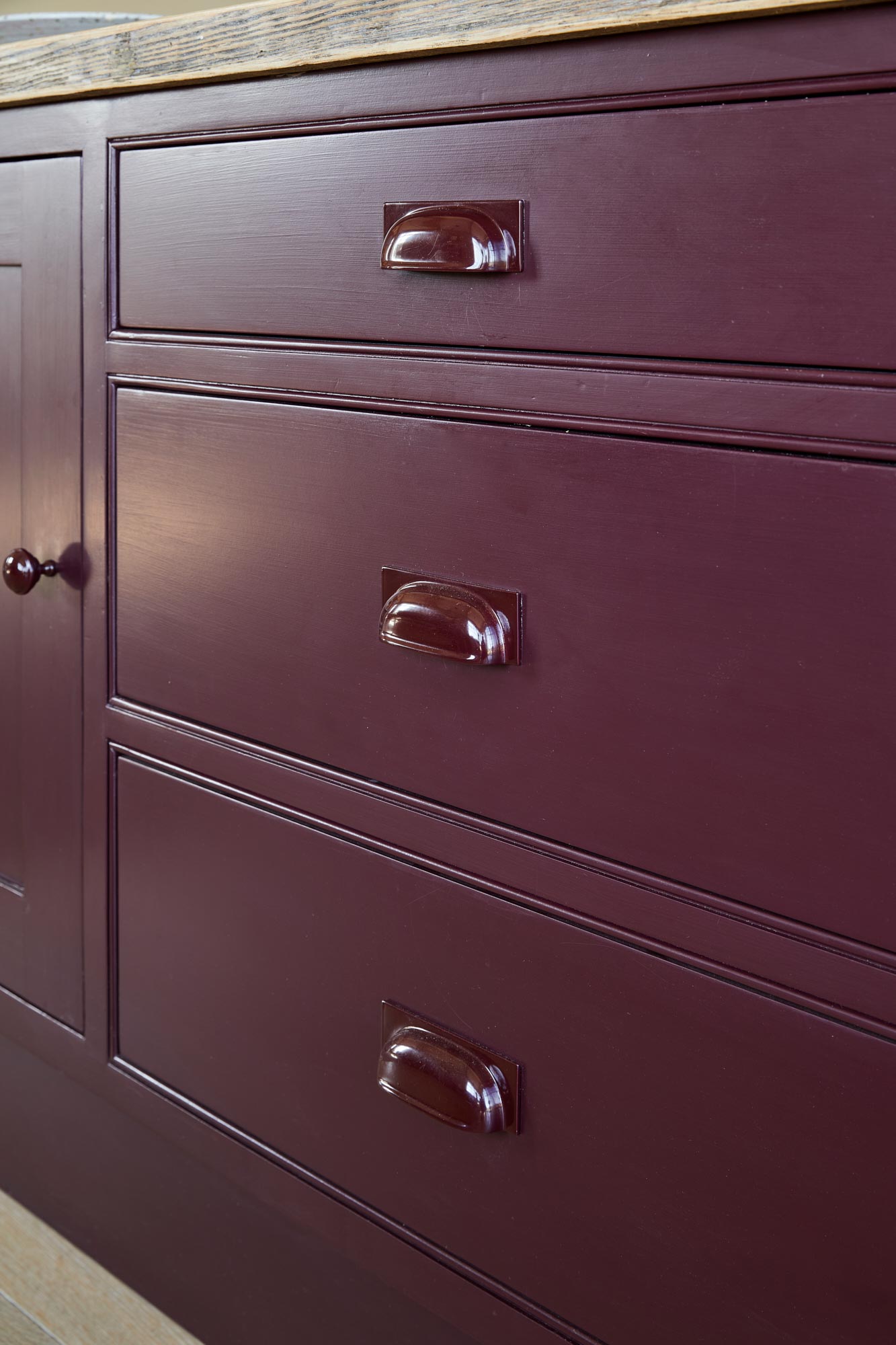 Powder coated handles on kitchen units