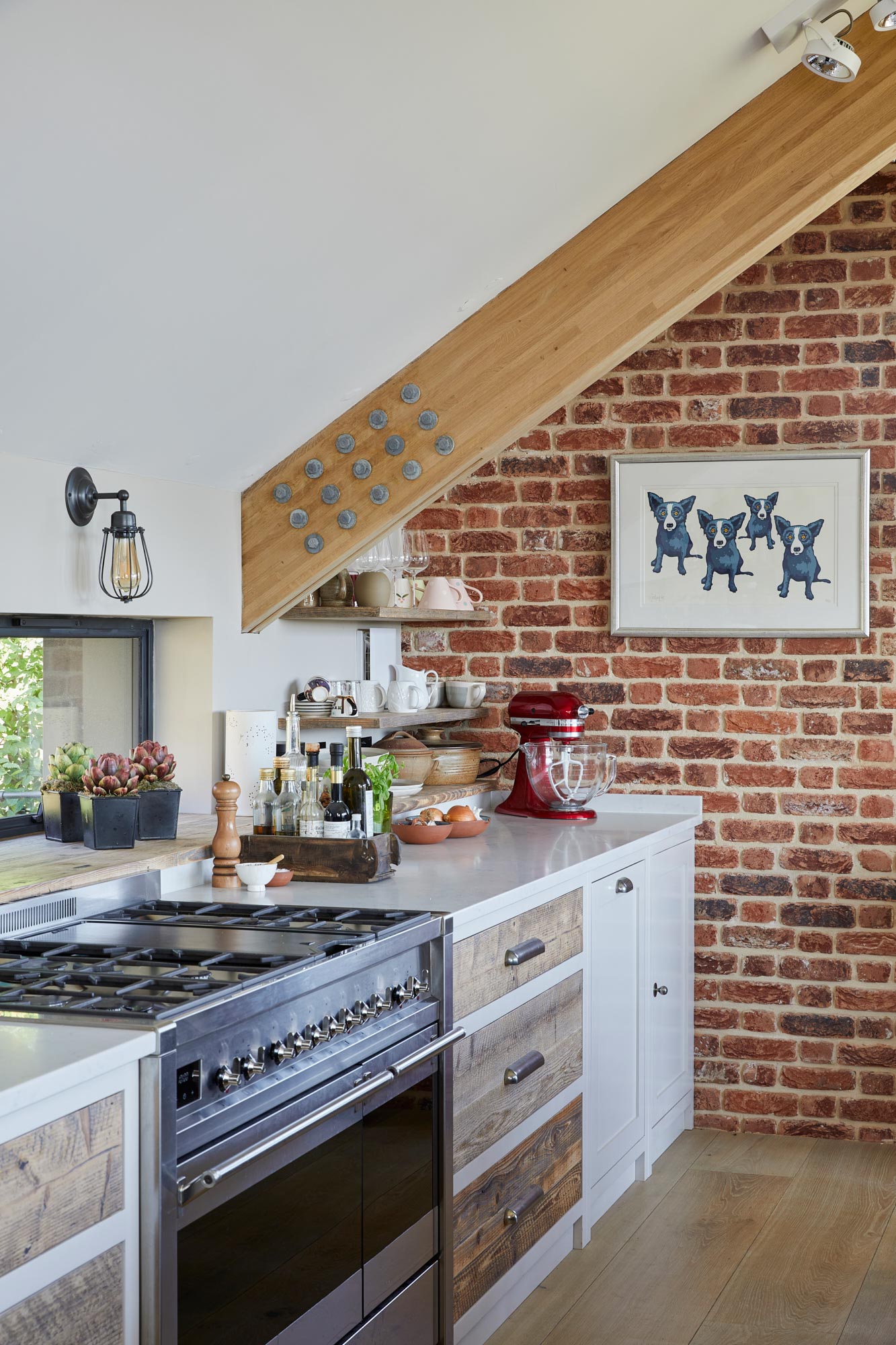 Exposed brick wall in kitchen