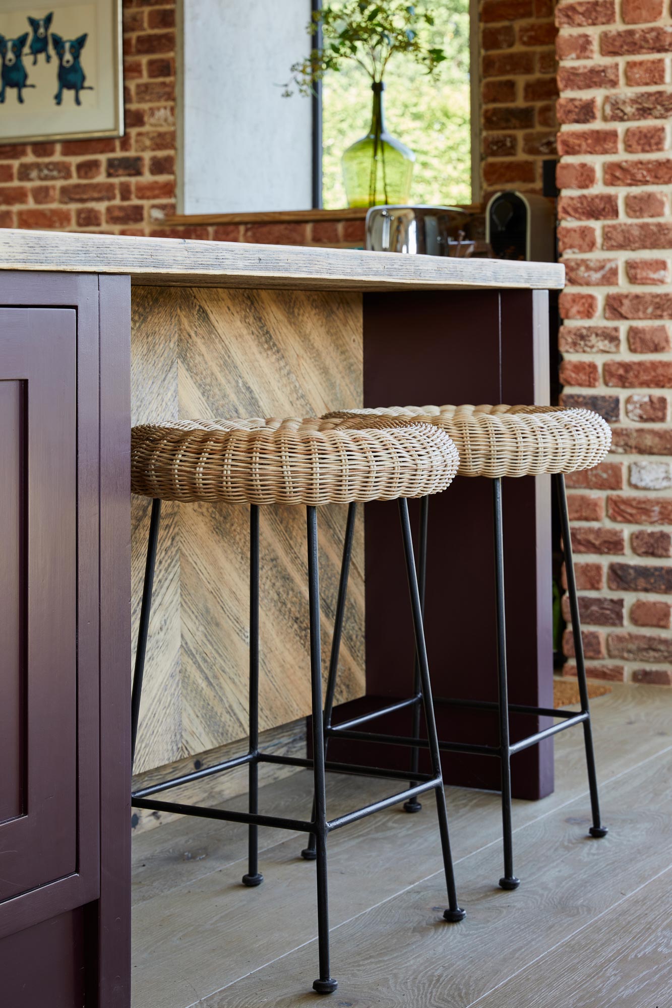 Wicker bar stools with powder coated black legs