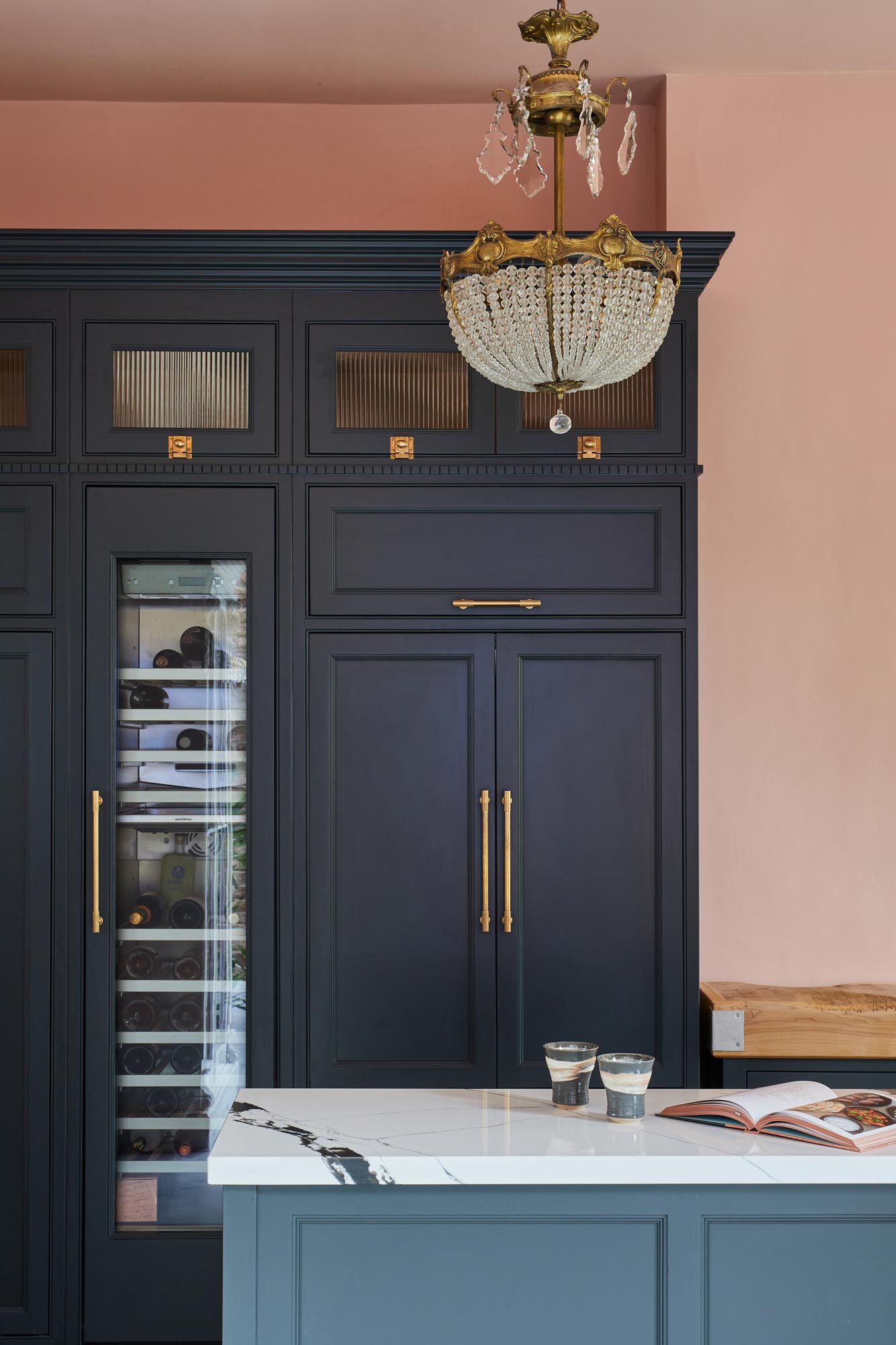 Tall integrated painted shaker blue kitchen cabinets