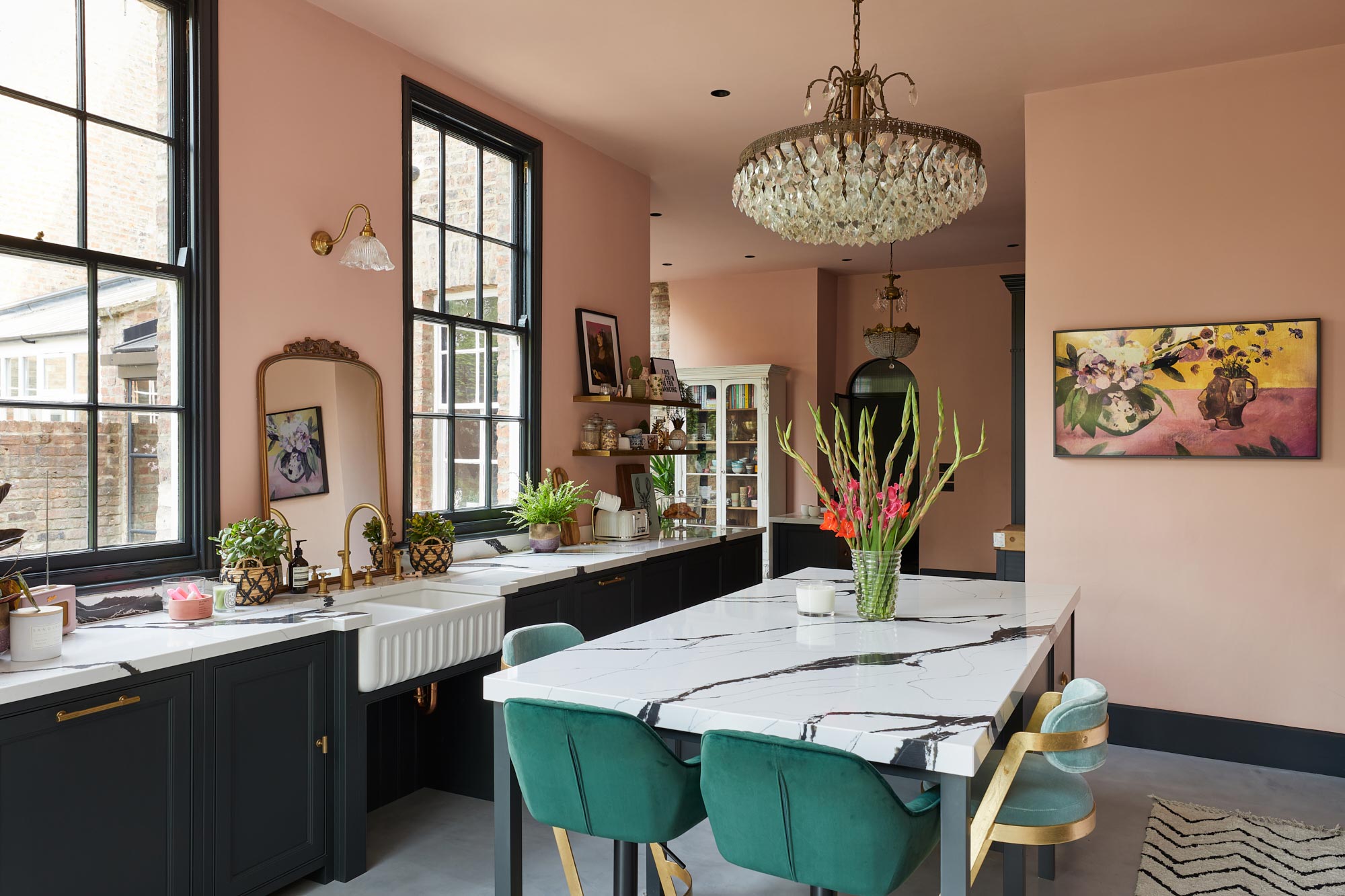 Bespoke kitchen island with green bar stools