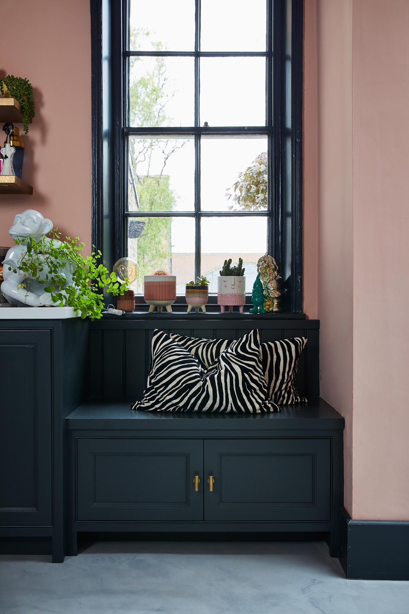 Shaker window seat painted in Little Greene