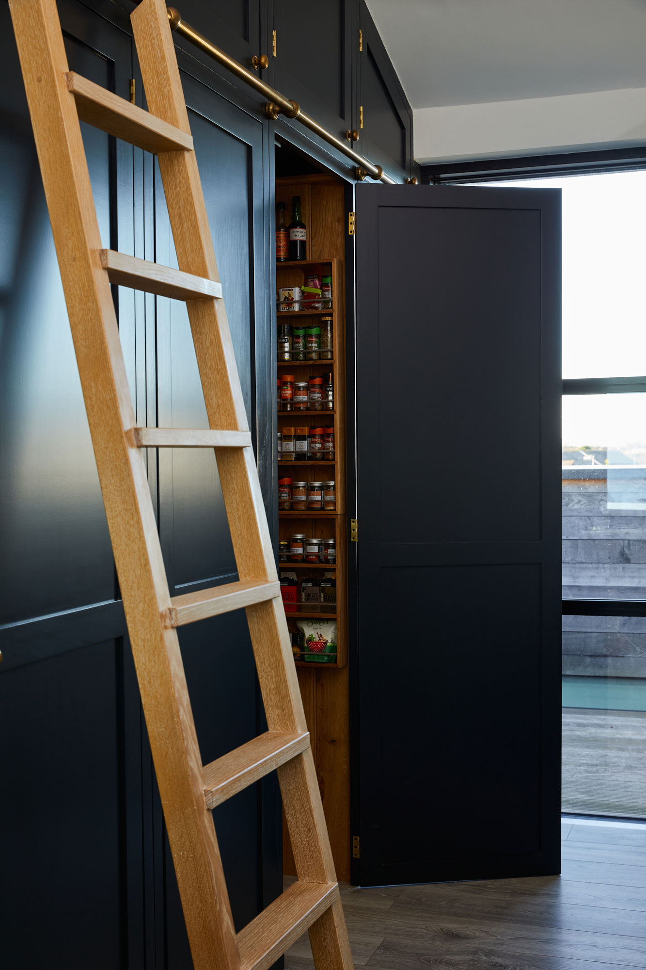 Traditional painted kitchen larder with bespoke oak ladder