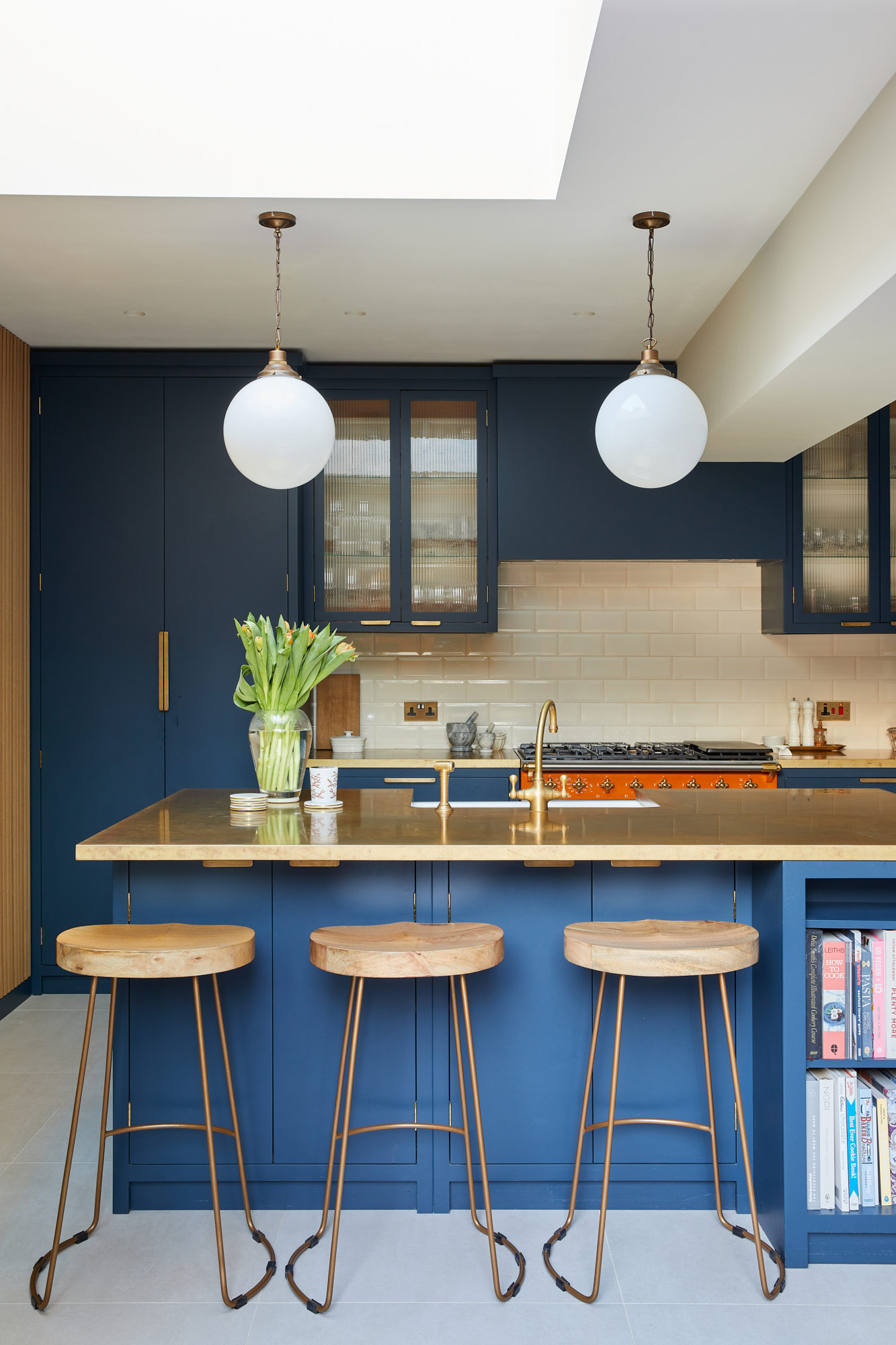Nordic Oak stools in bespoke blue kitchen