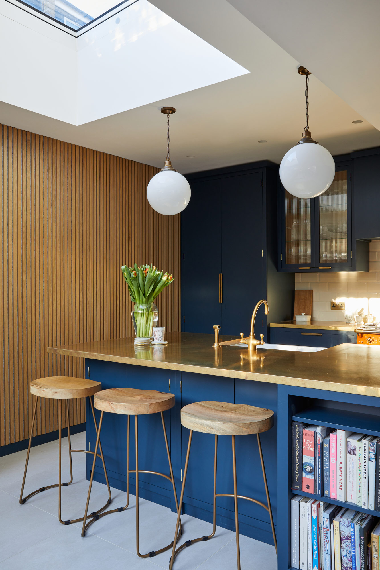 Clean oak and painted blue kitchen design handmade in Yorkshire