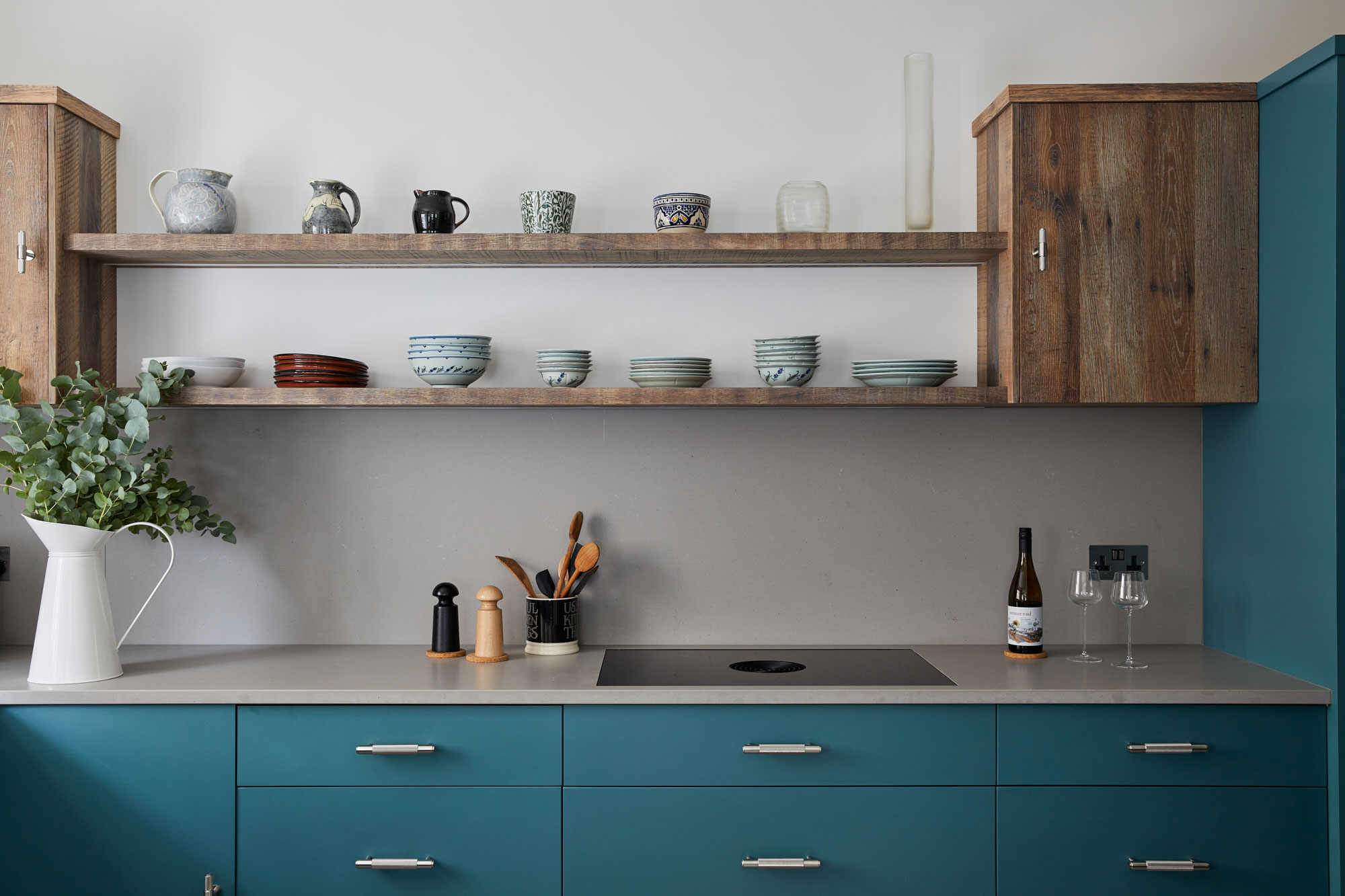 Rustic chunky shelves in industrial style kitchen