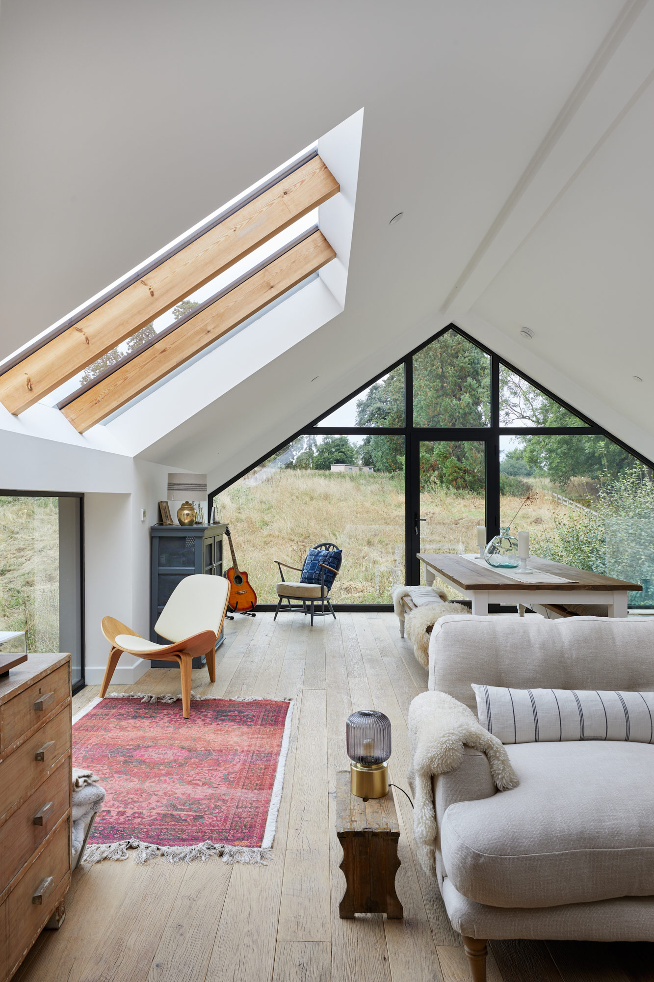 Reclaimed oak flooring inside modern barn