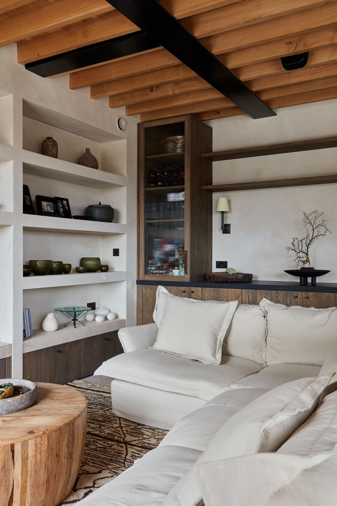 White sofa in open plan kitchen design