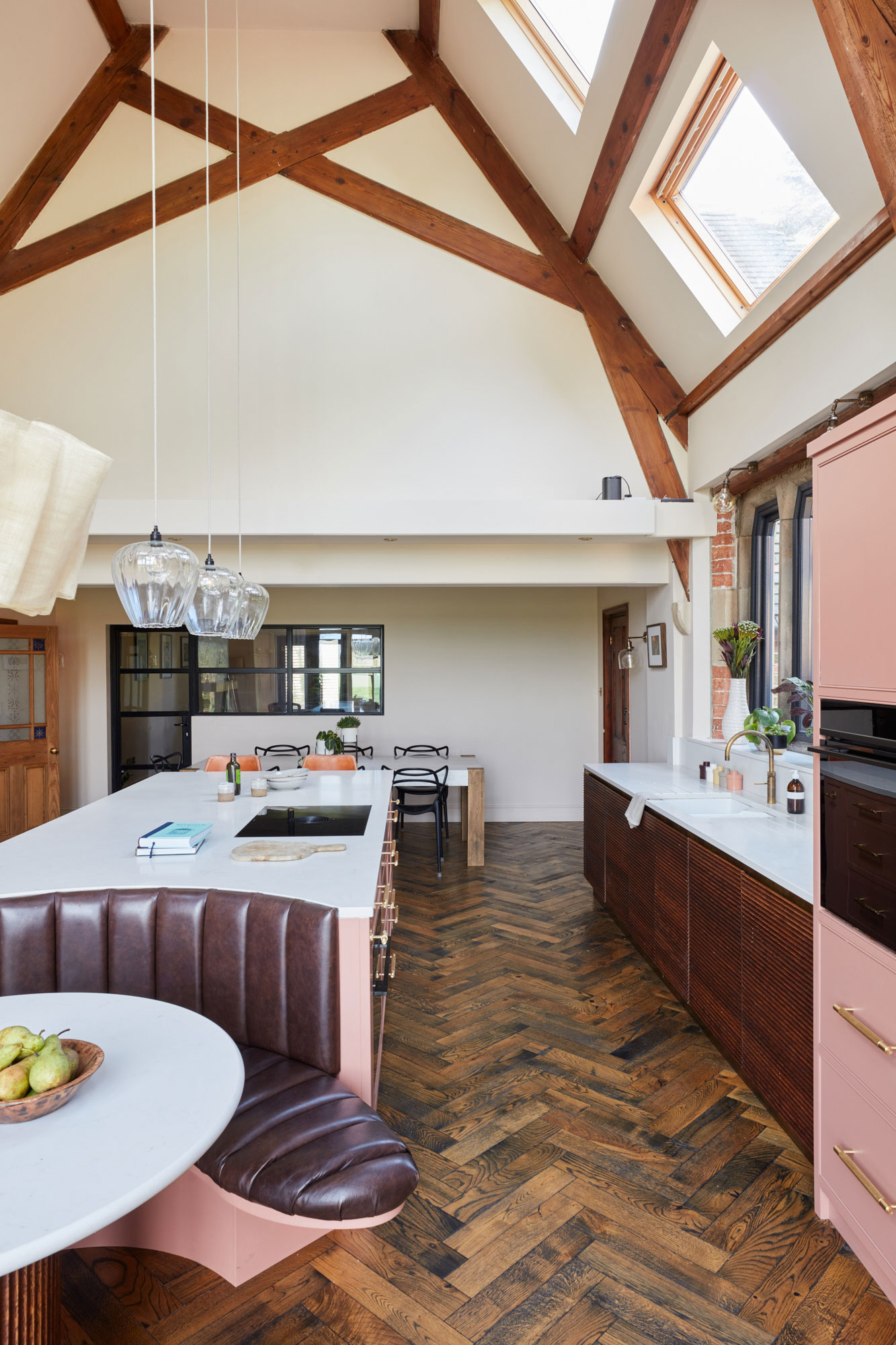 Dark oak parquet kitchen flooring