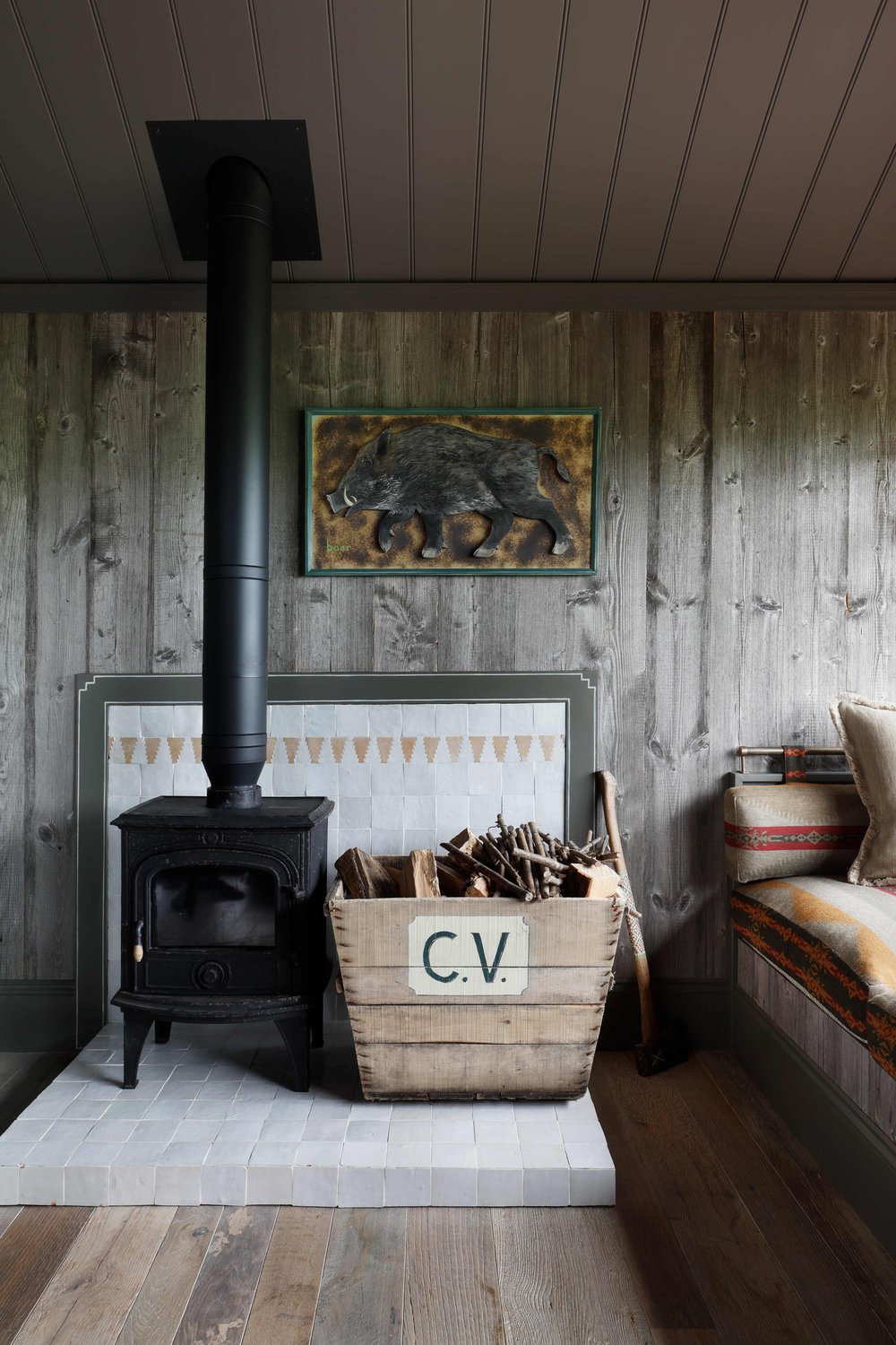 Open log burner in Cove Valley log cabin