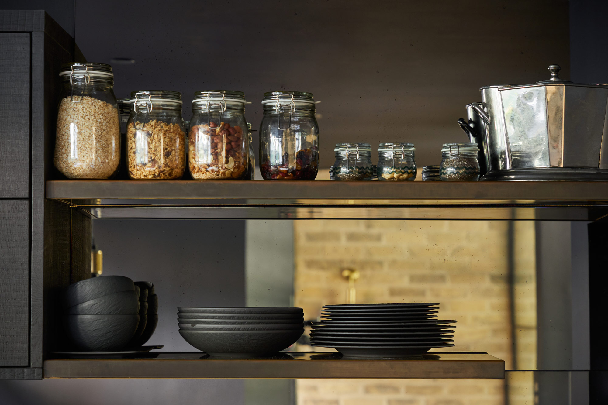 Floating aged brass floating kitchen shelves