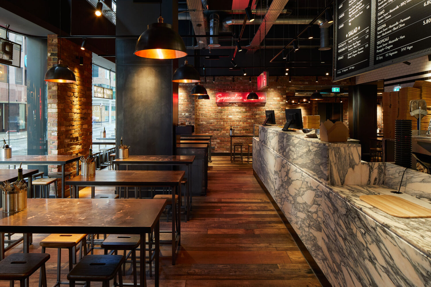 wood cladding in commercial pizza joint