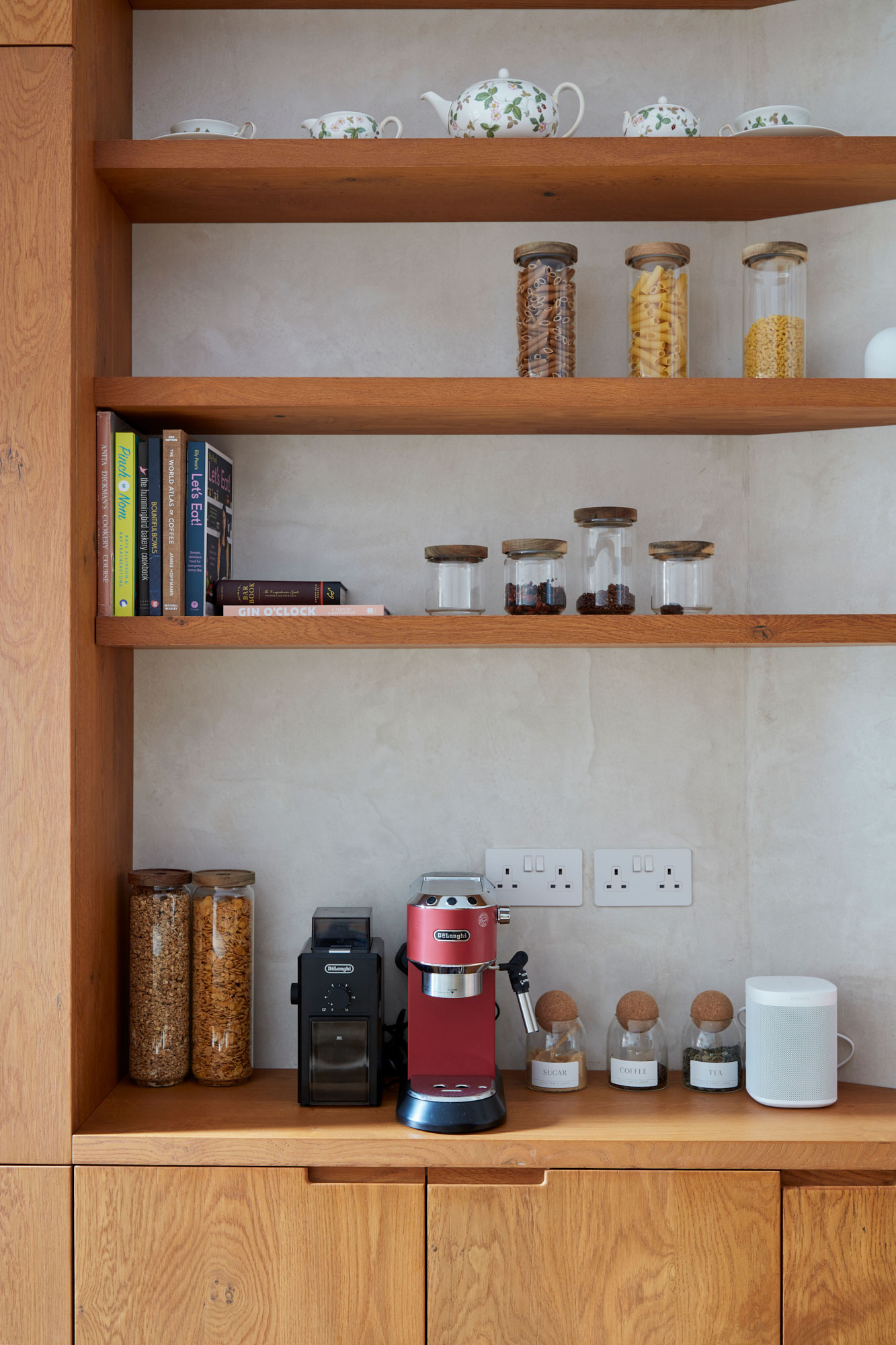 Kitchen coffee station with open oak floating shelves