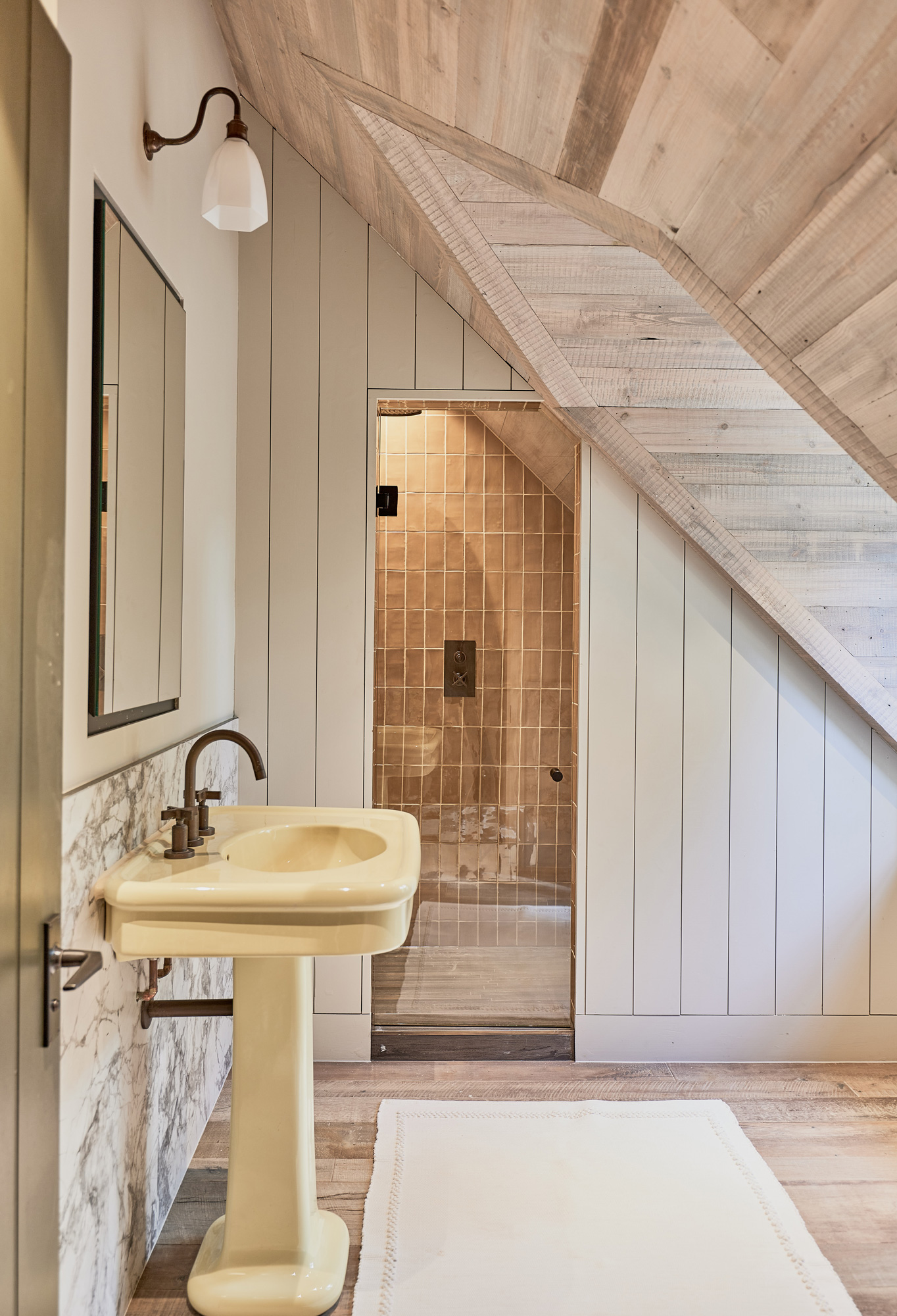 old white mill board reclaimed cladding on ceiling of bathroom