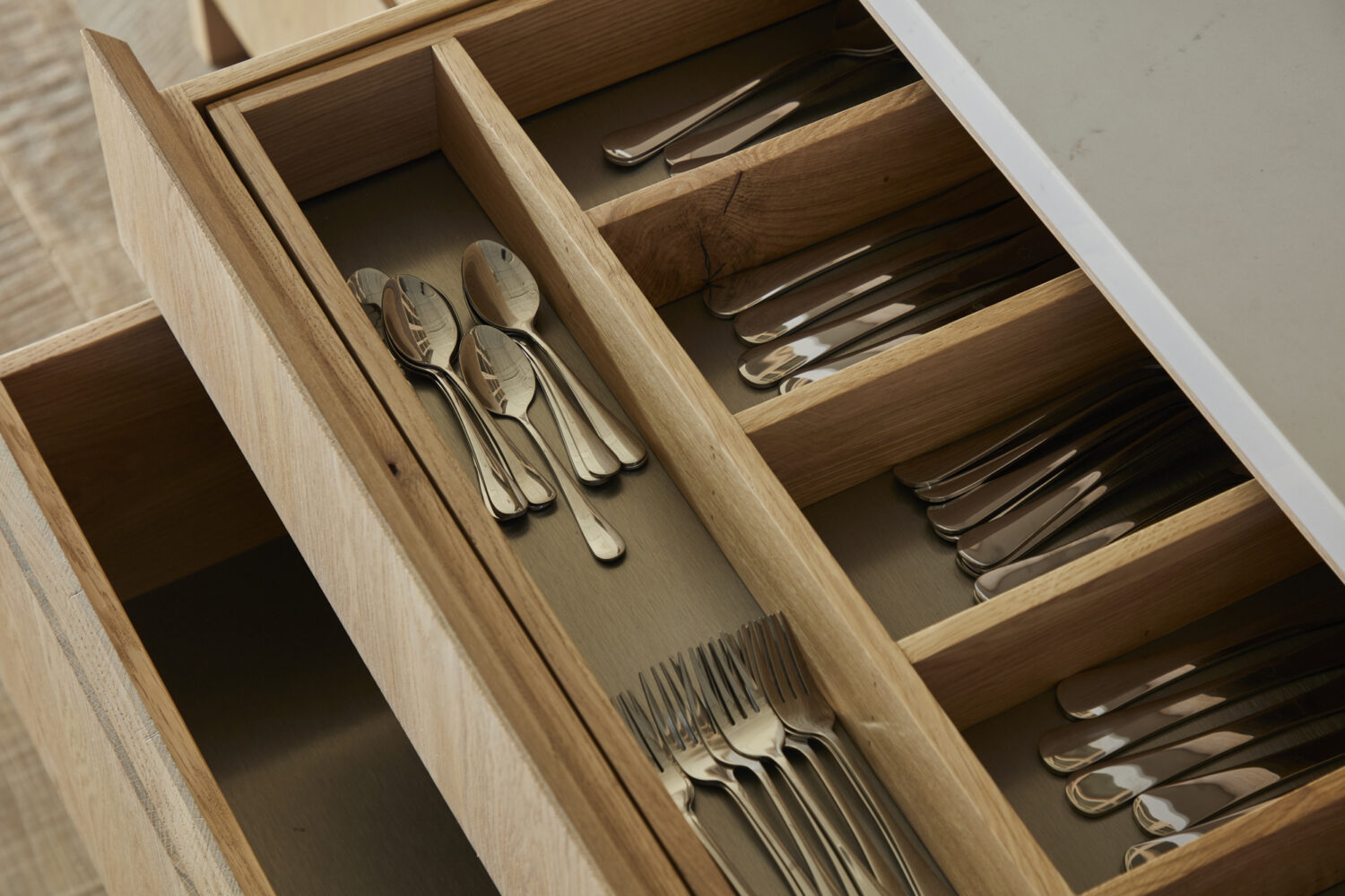 collaboration display kitchen located in London: close up of bespoke draws