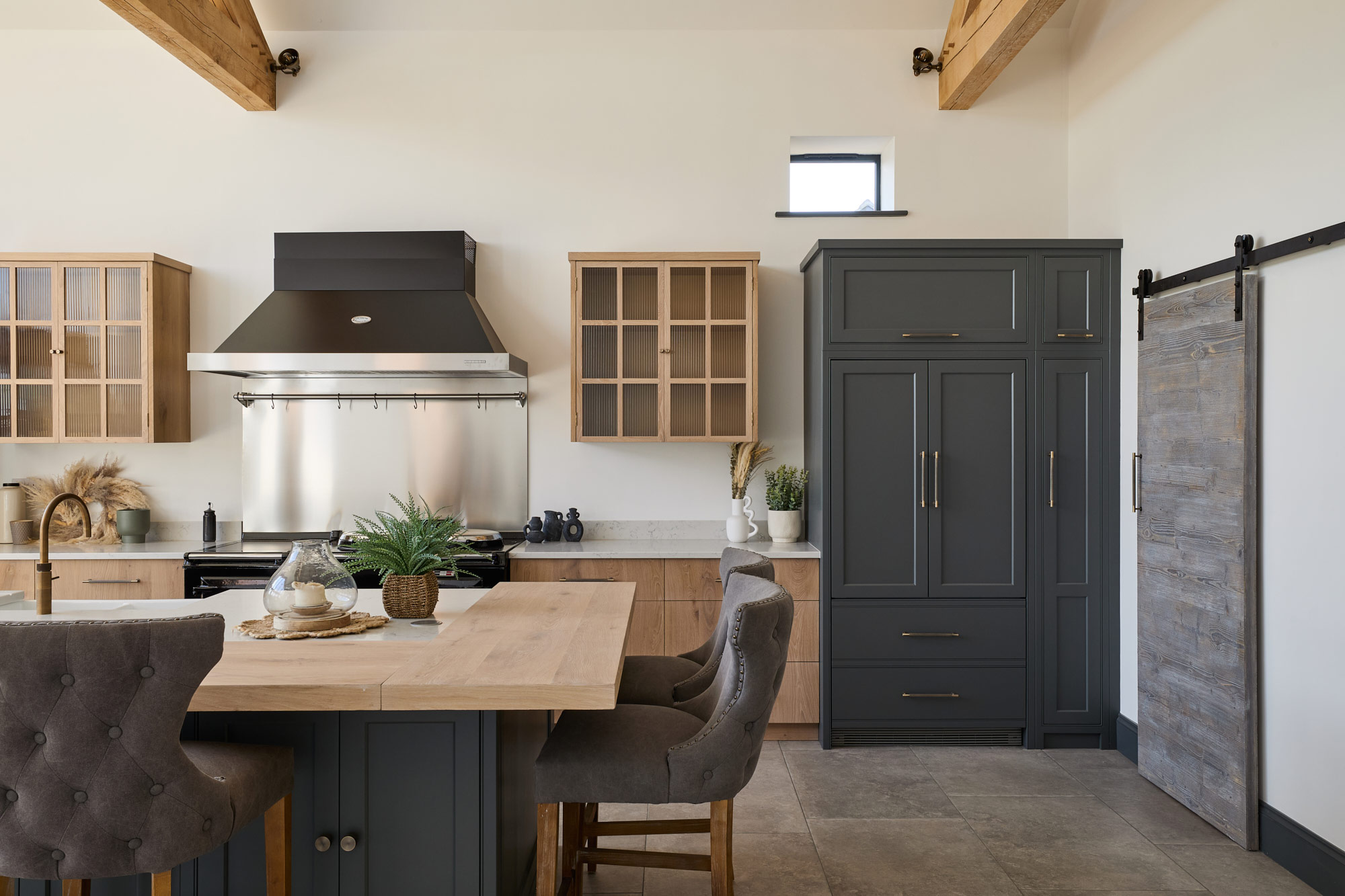 contempary kitchen design with oak worktop